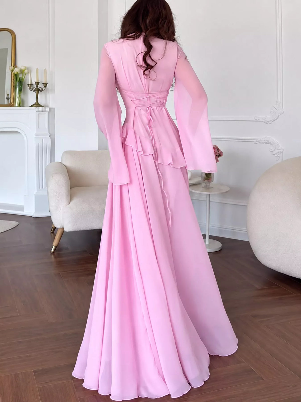 Pink ruffled flare sleeve maxi dress, back view