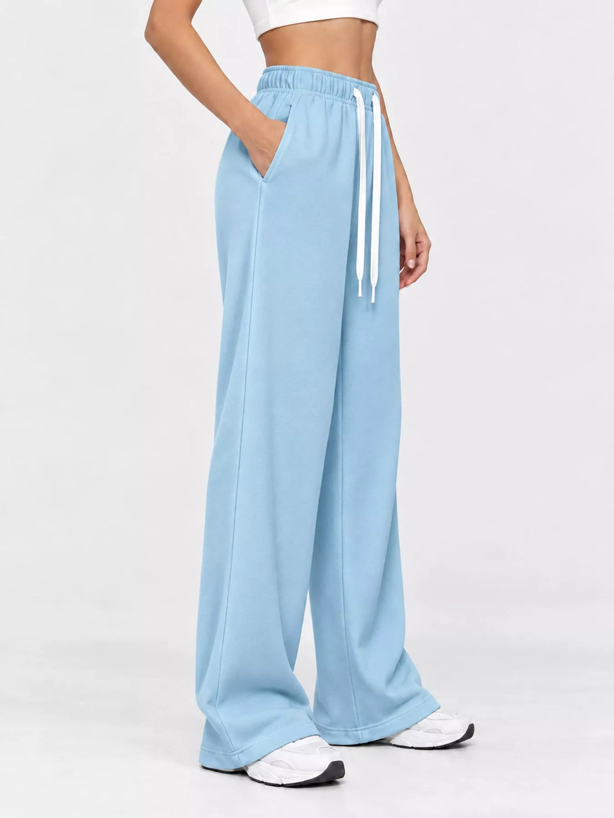 Light blue wide-leg pants with drawstring