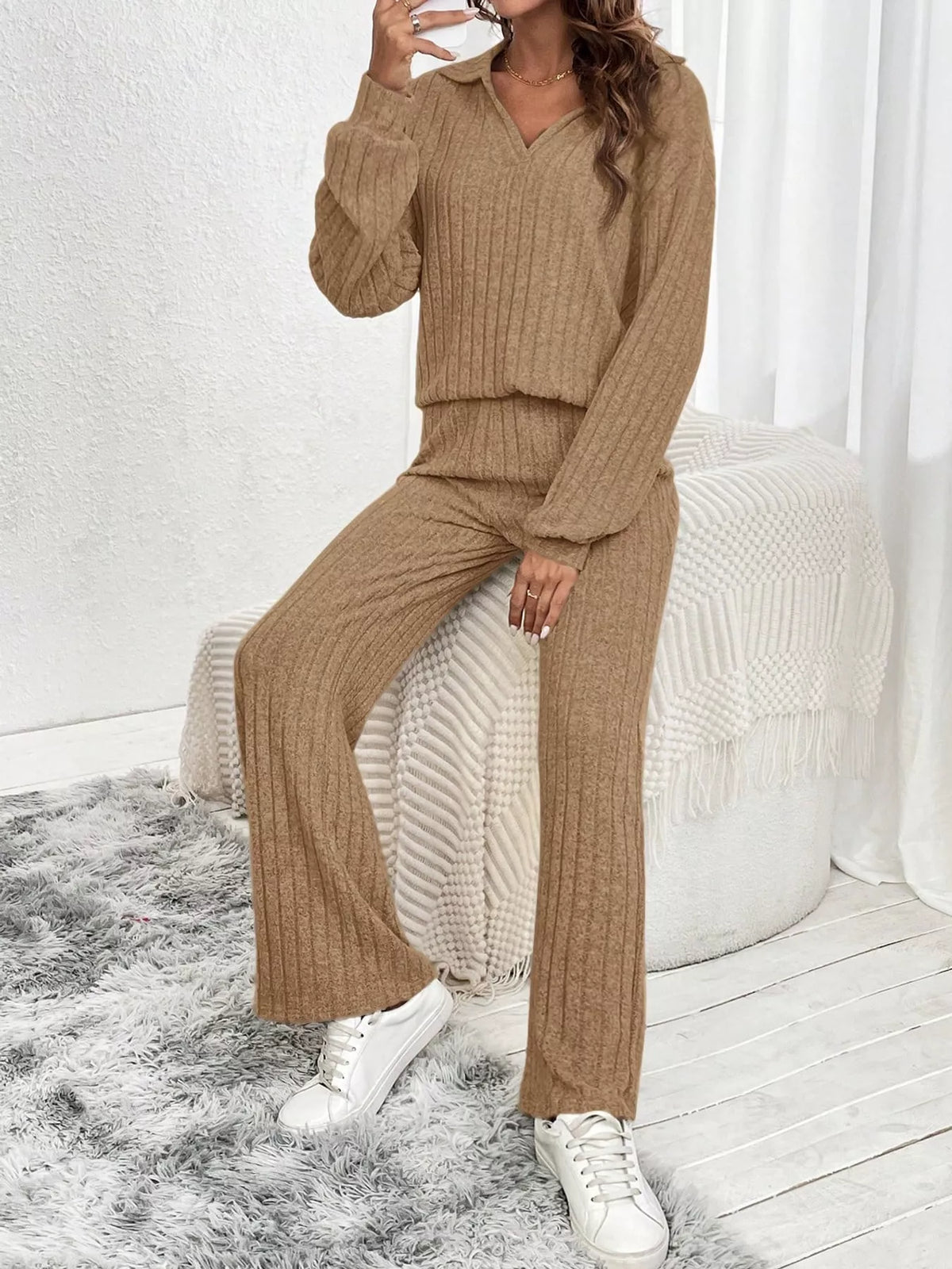 Ribbed Knit Collared Top and Wide Leg Pants Set in brown