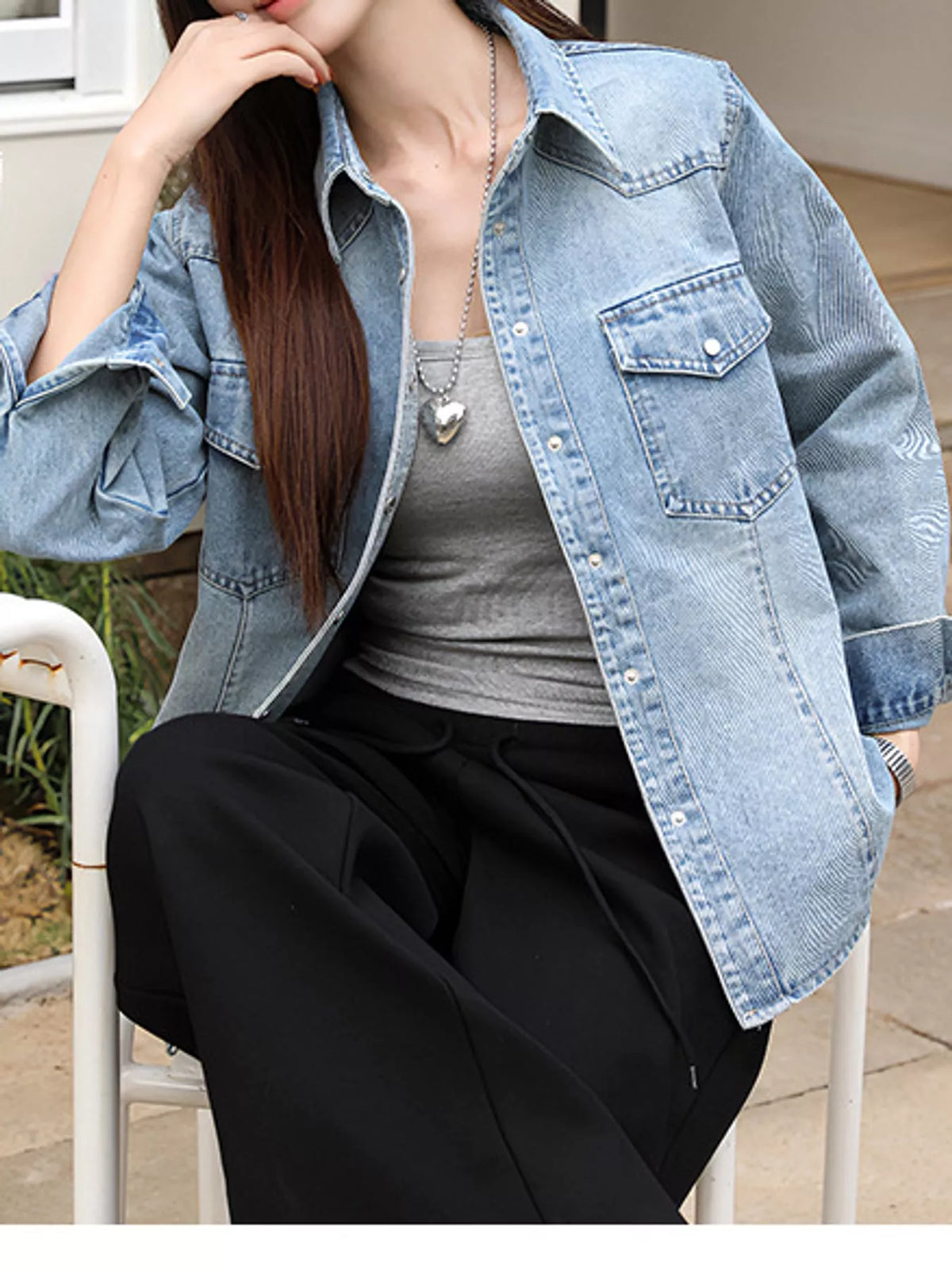 Snap Down Cropped Denim Shacket in blue