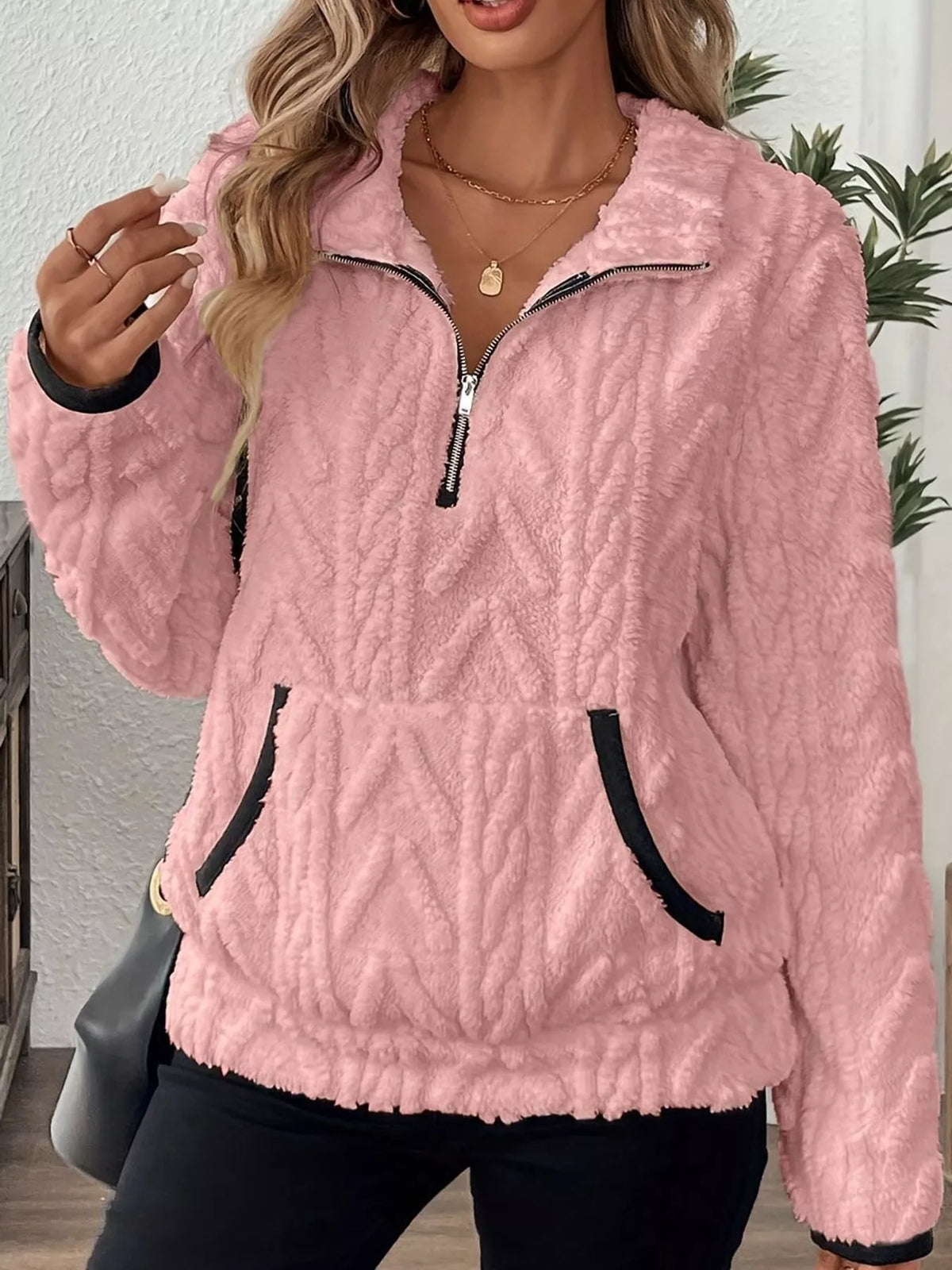 Women's Quarter-Zip Sherpa Sweatshirt in pink — front view
