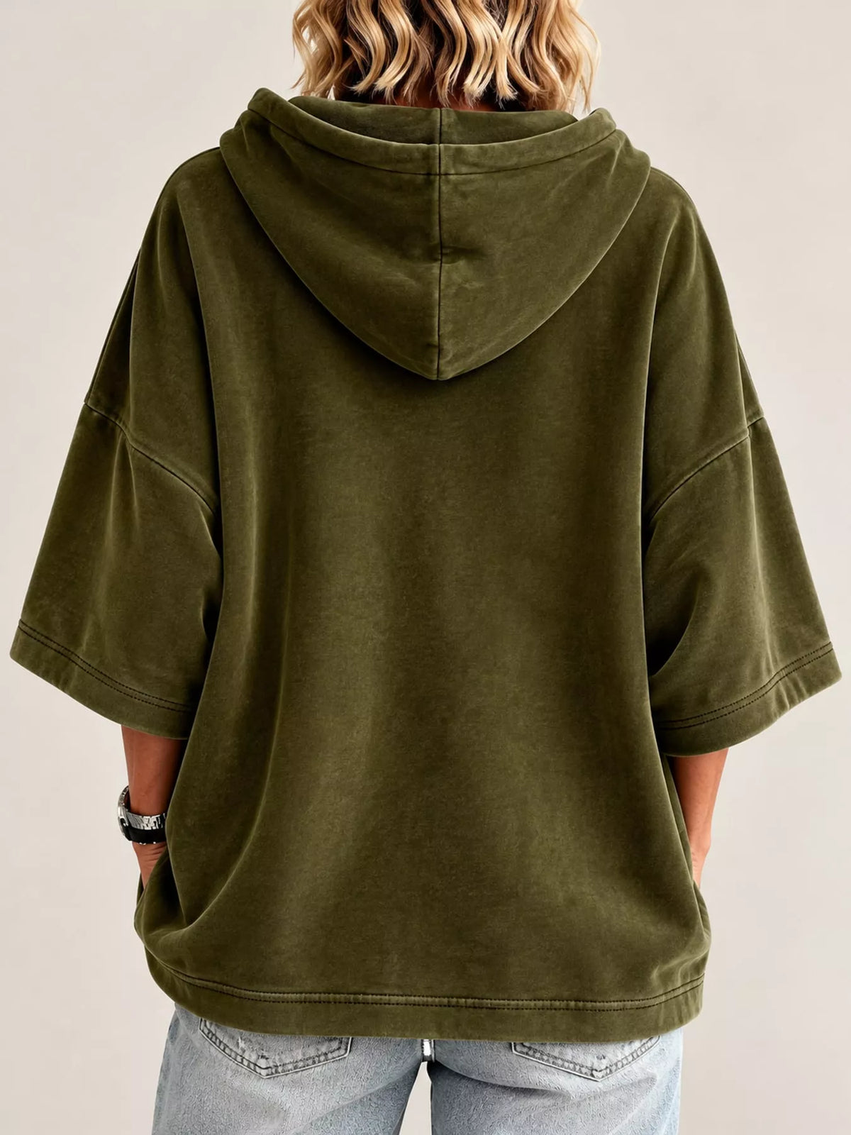 Green velvet half sleeve hoodie with drawstring, back view
