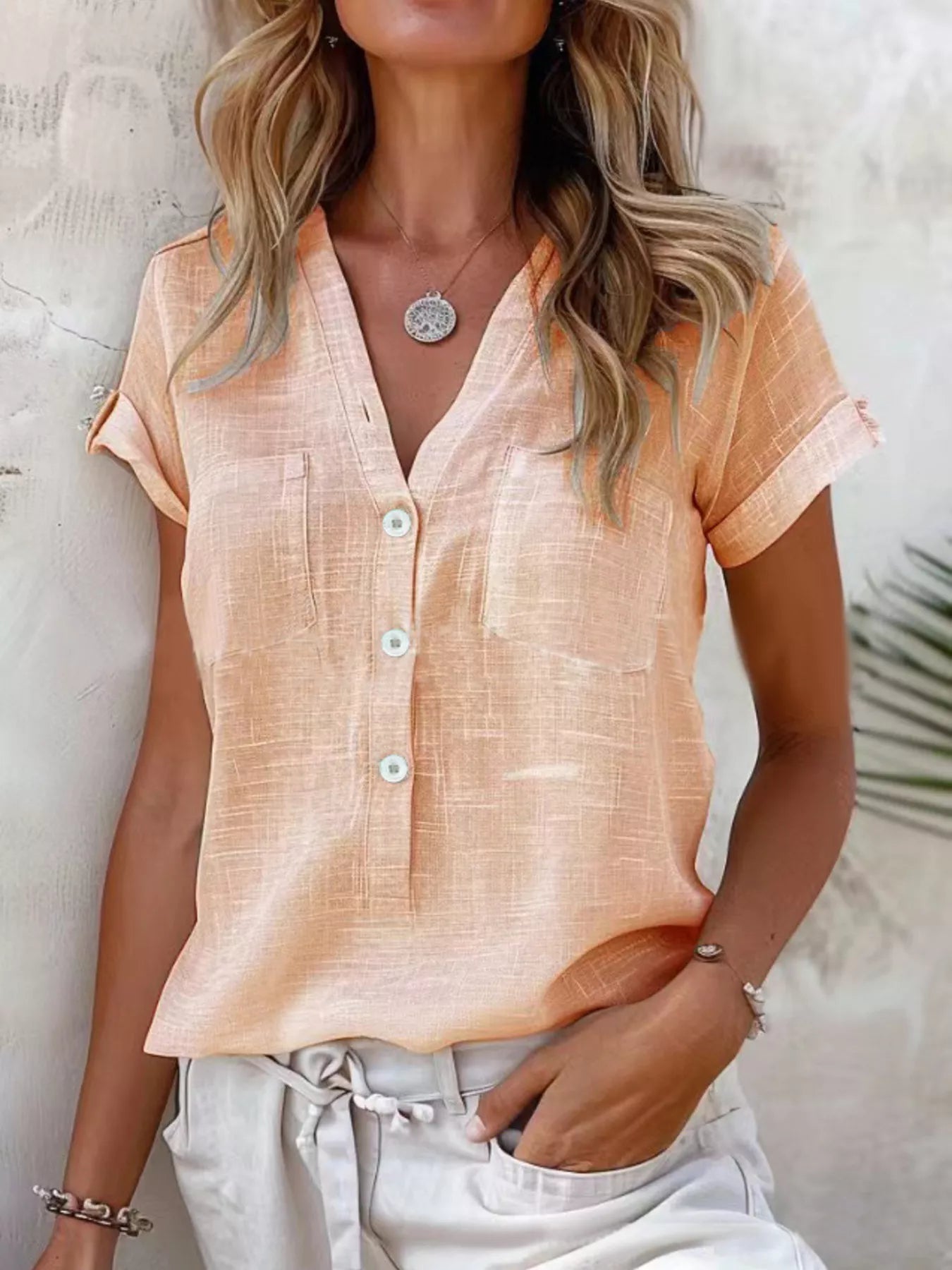 Trendsi Full Size Casual V-Neck Button-Up Top Plus Size - Shirts