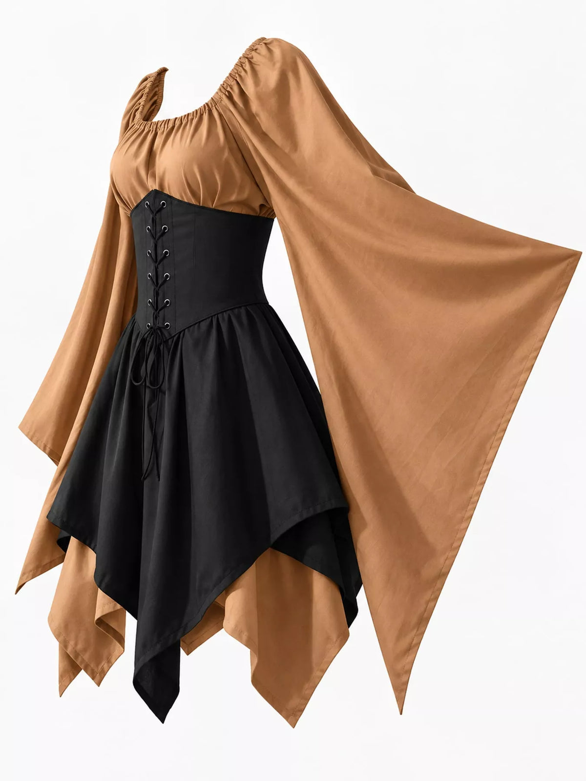 Lace-up asymmetric dress, tan black side