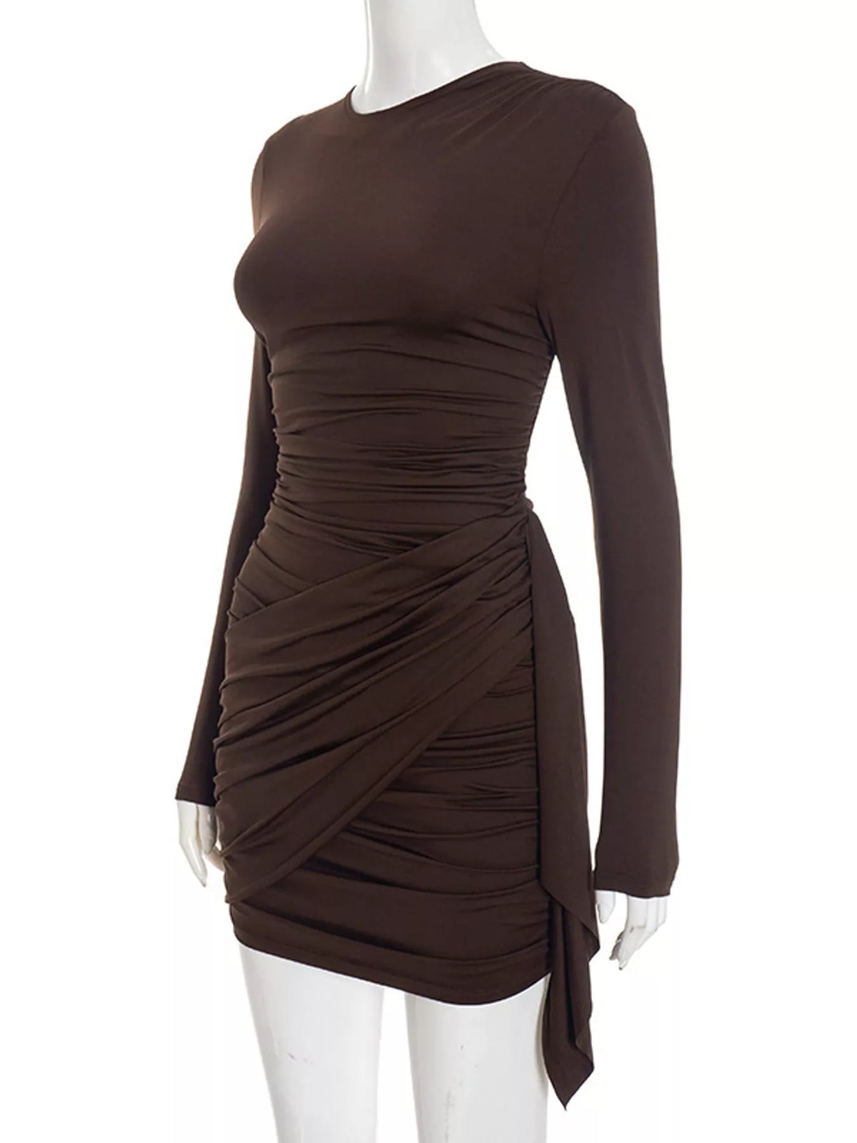 Brown long sleeve ruched bodycon mini dress, front view