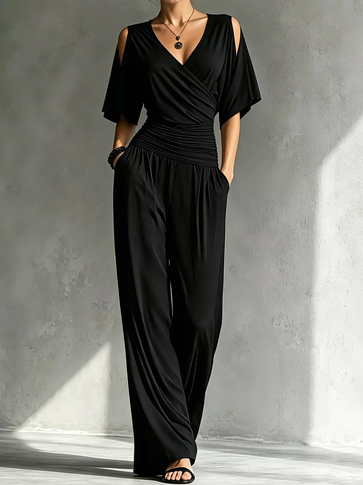 Cold Shoulder Wide-Leg Jumpsuit — front view