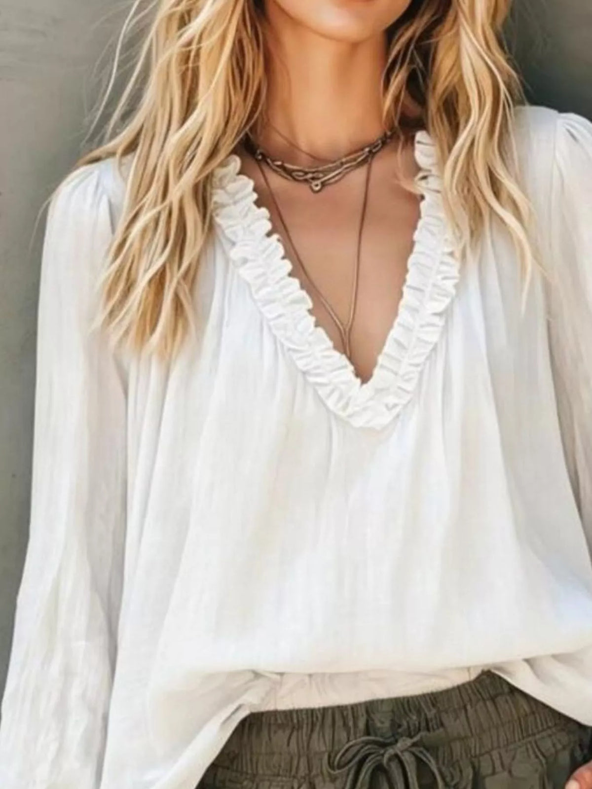 Trendsi Frill V-Neck Long Sleeve Blouse -