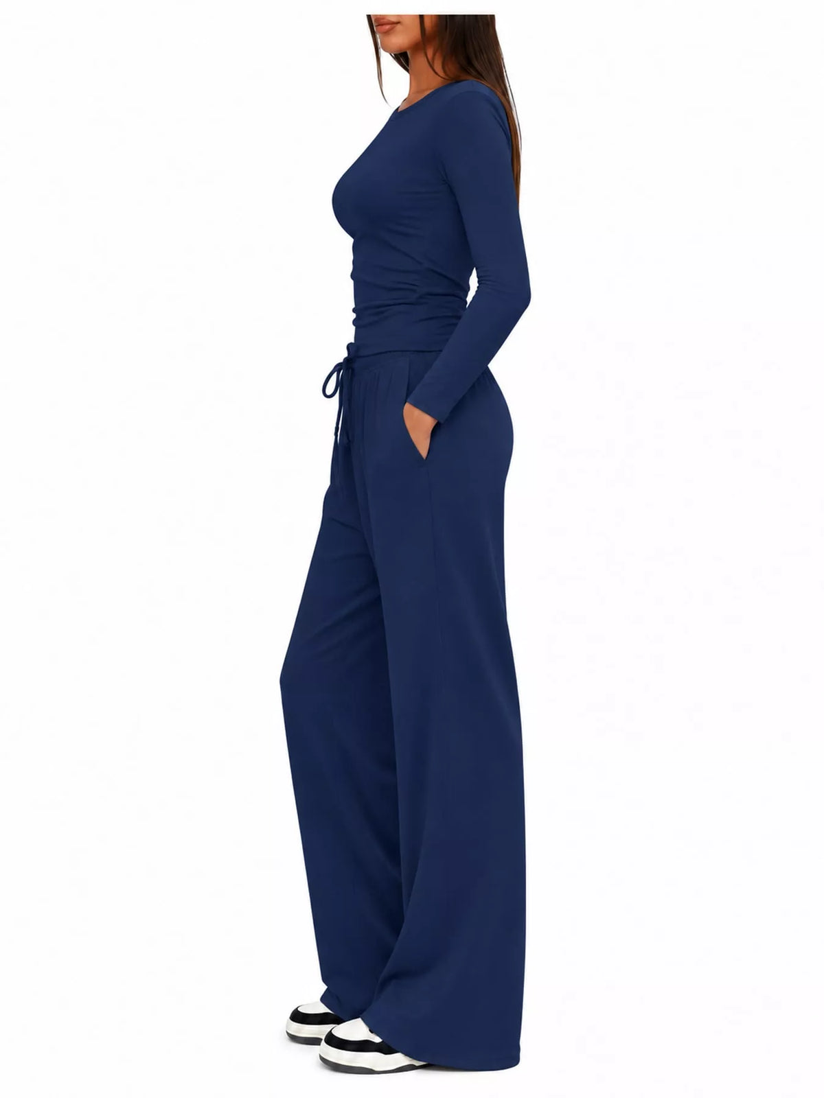 Long Sleeve Ruched Top and Wide-Leg Drawstring Pants Set — side view