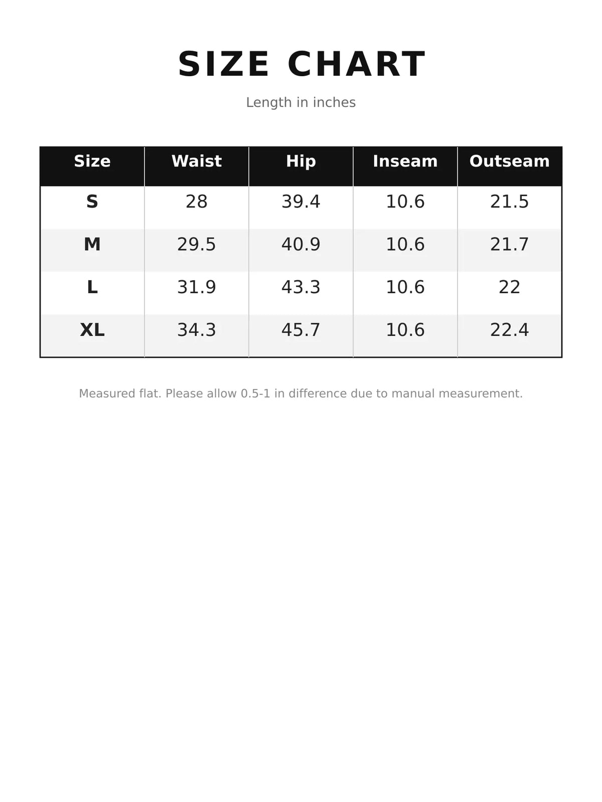 Size chart for distressed loose fit denim shorts