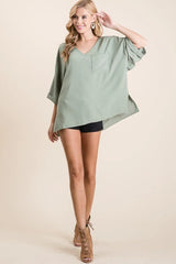 Trendsi BiBi Flowy Woven V-Neck Top with Rolled Up Cuffs -