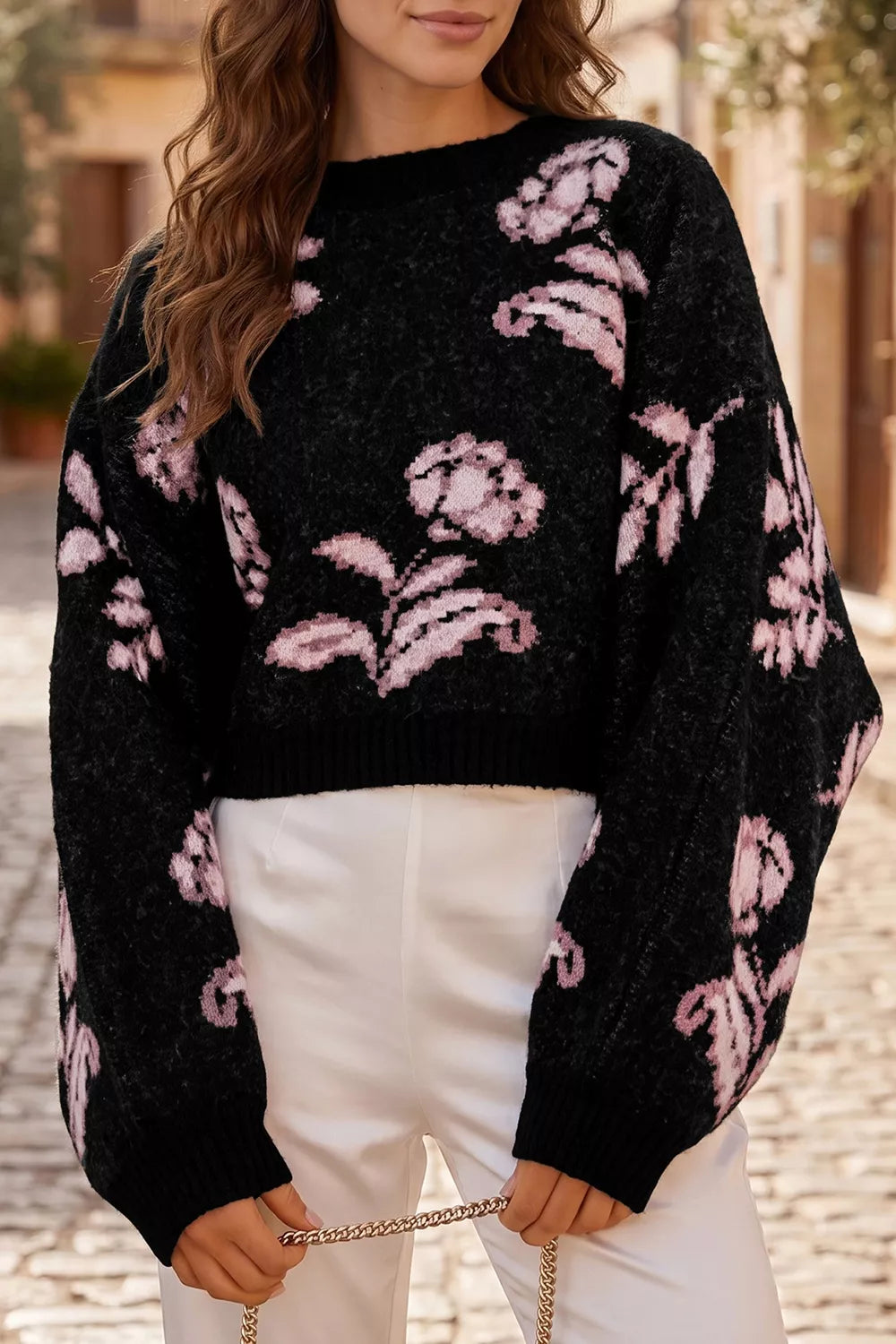 Trendsi Floral Pattern Puff Sleeve Dropped Shoulder Pullover Sweater -