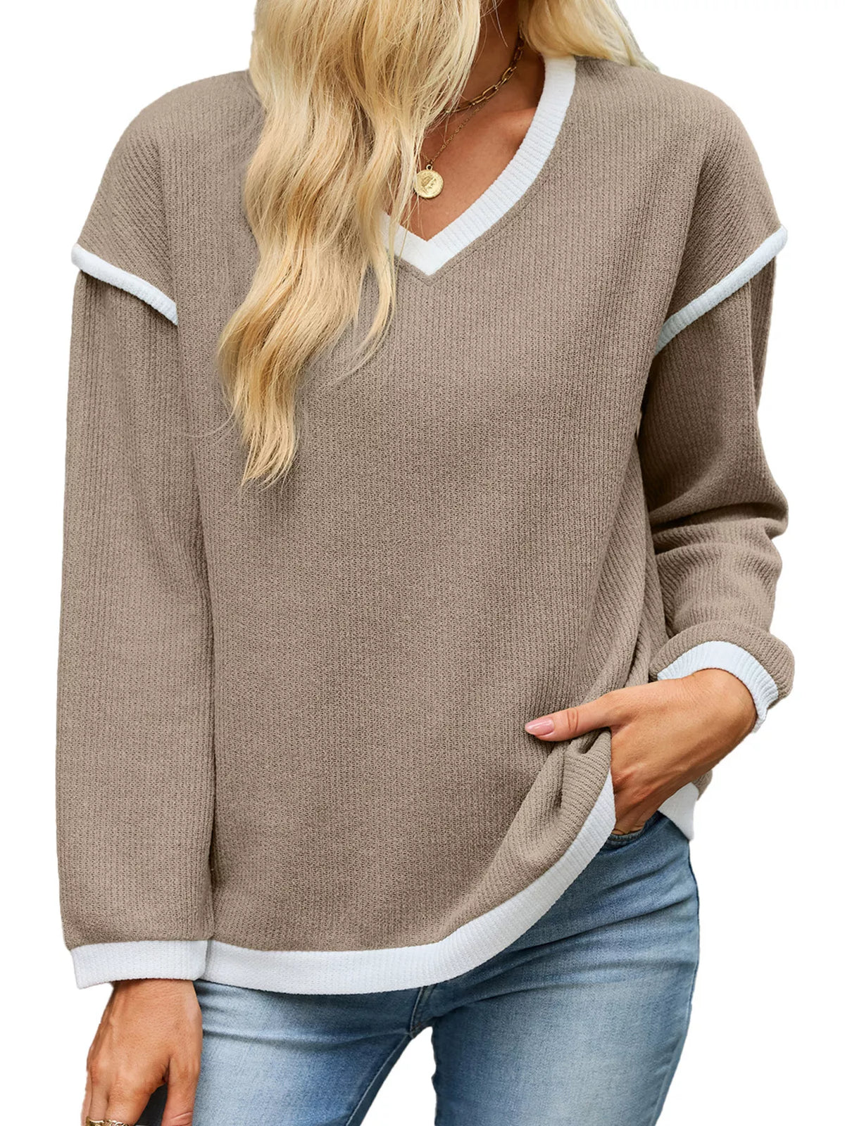 Taupe contrast-trim V-neck sweater, neckline and hem view