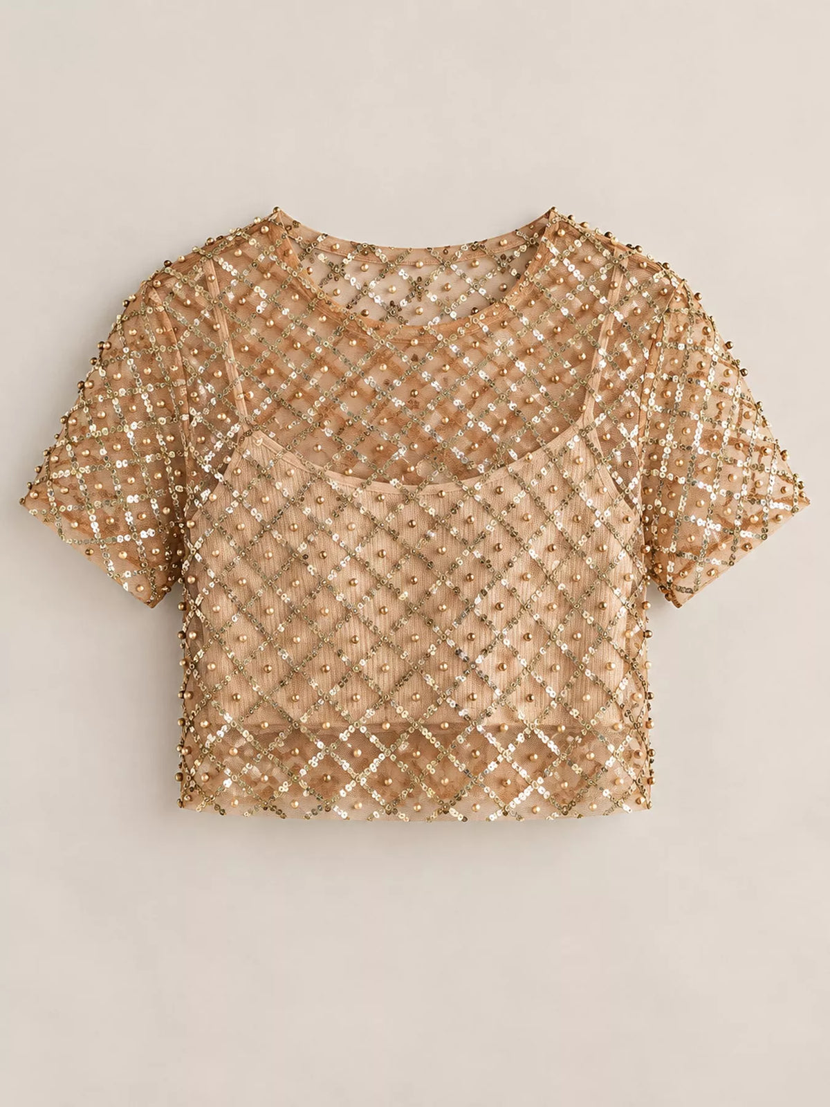 Sheer Mesh Pearl Embellished Crop Blouse in gold