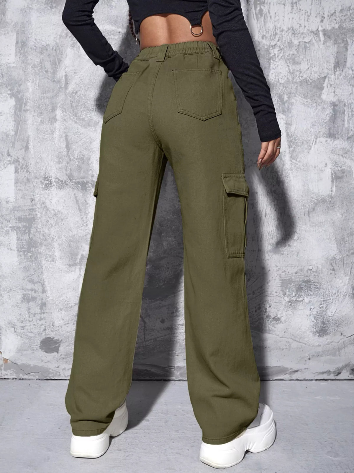 Olive green wide-leg cargo jeans, back view