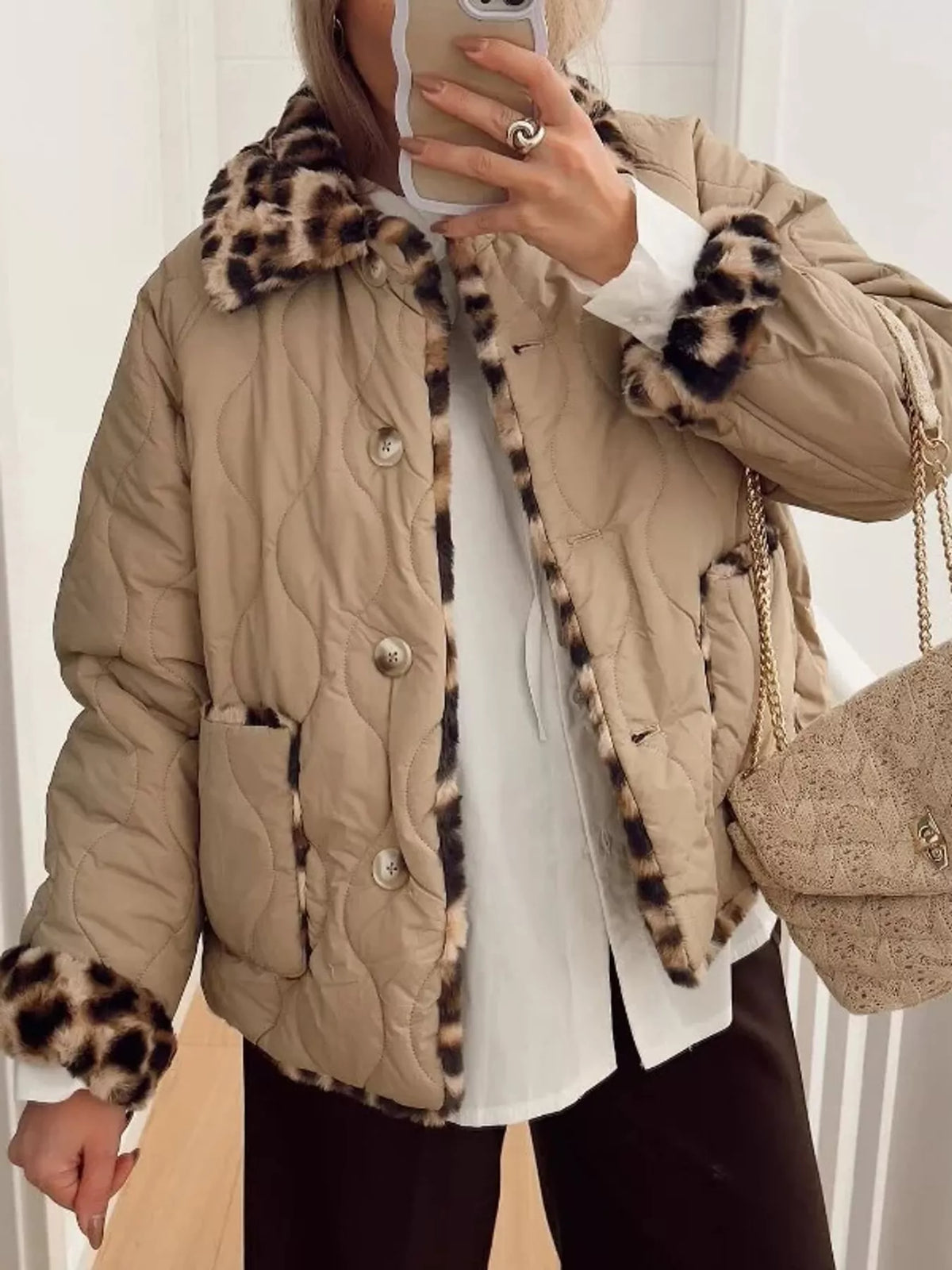 Faux-fur-trim quilted jacket, beige leopard trim front