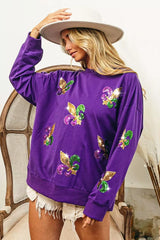 Trendsi BiBi Fleur De Lis Sequin Patches Mardi Gras Sweatshirt -