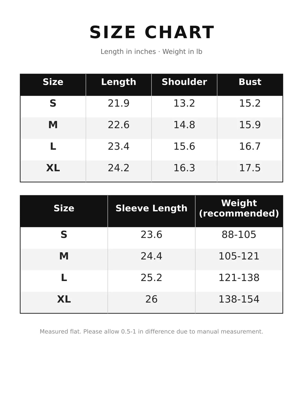 Size chart for slim-fit zip-up long sleeve jacket