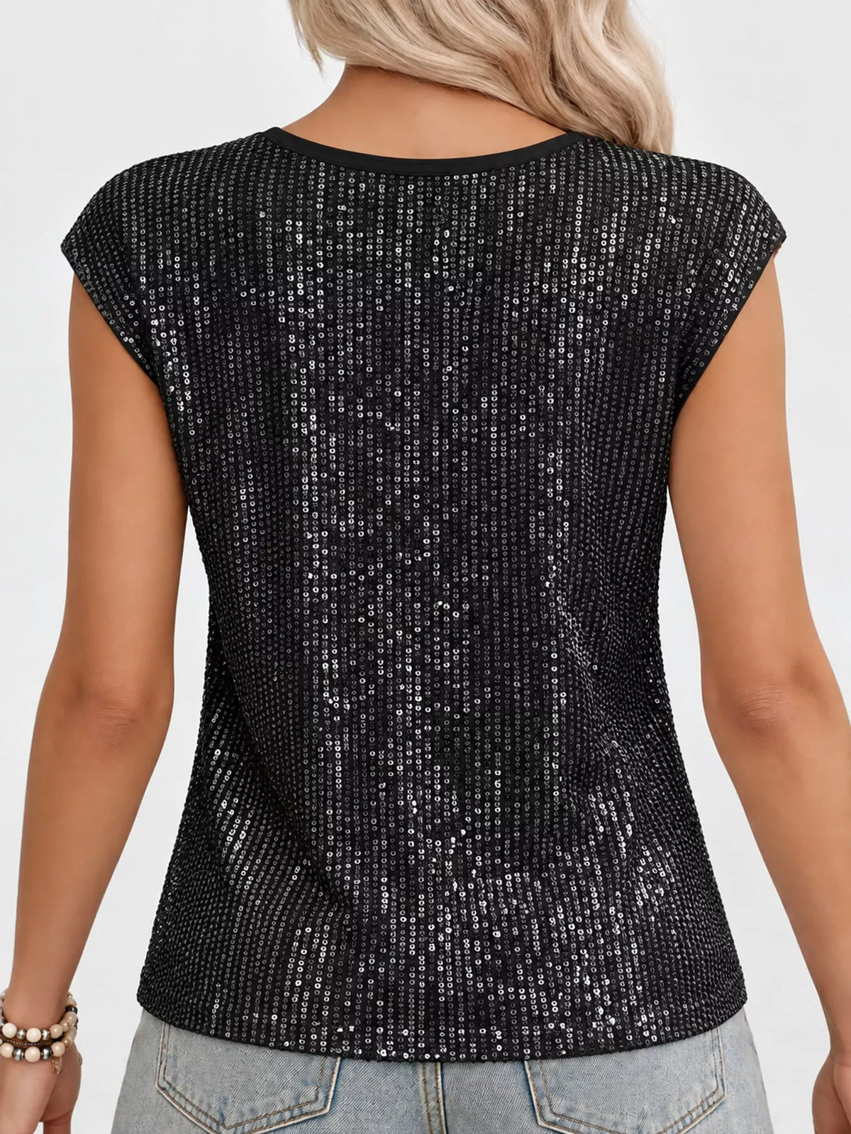 Black sequin round neck tank, back view