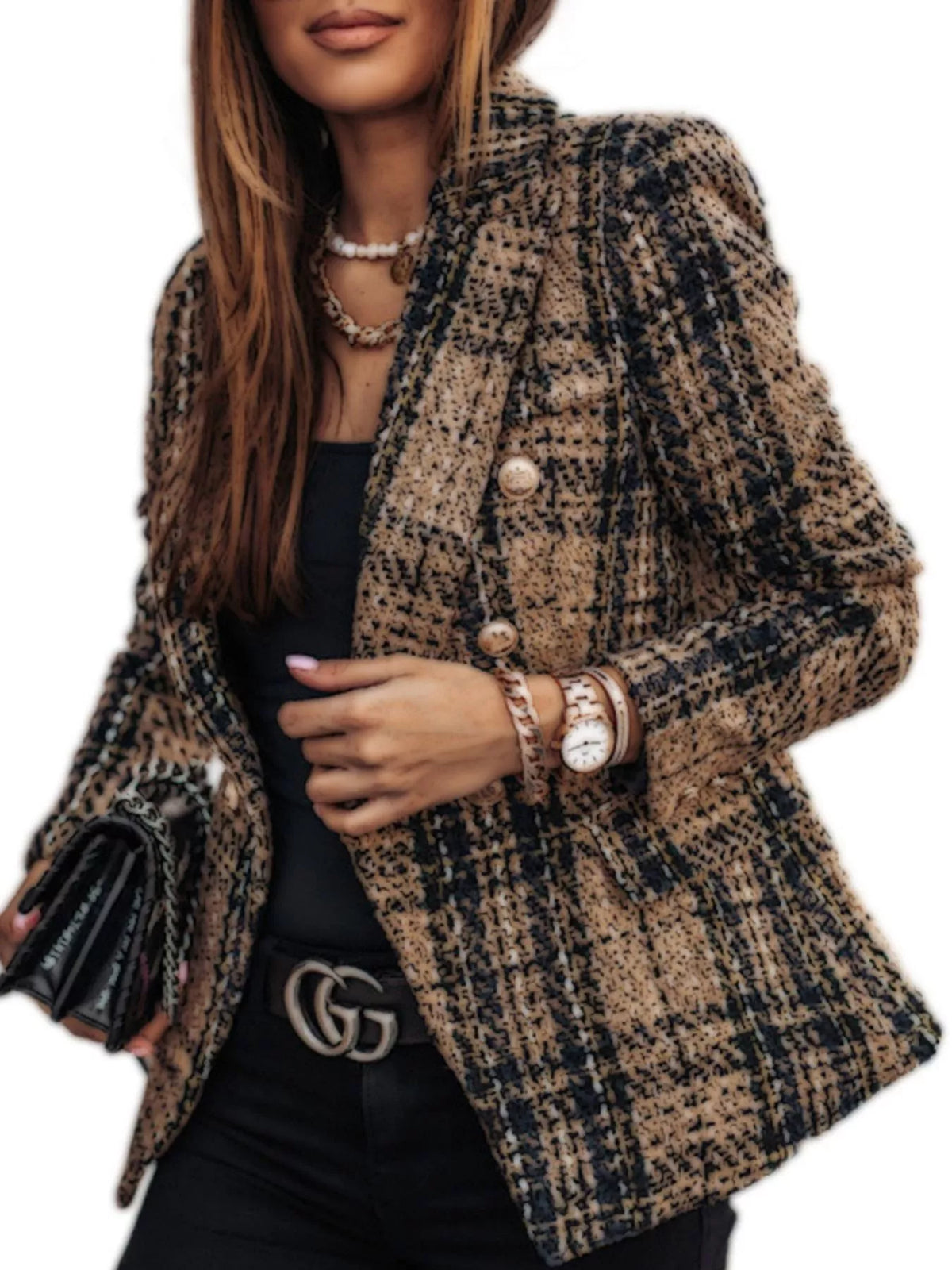Plaid tweed-look double-breasted blazer