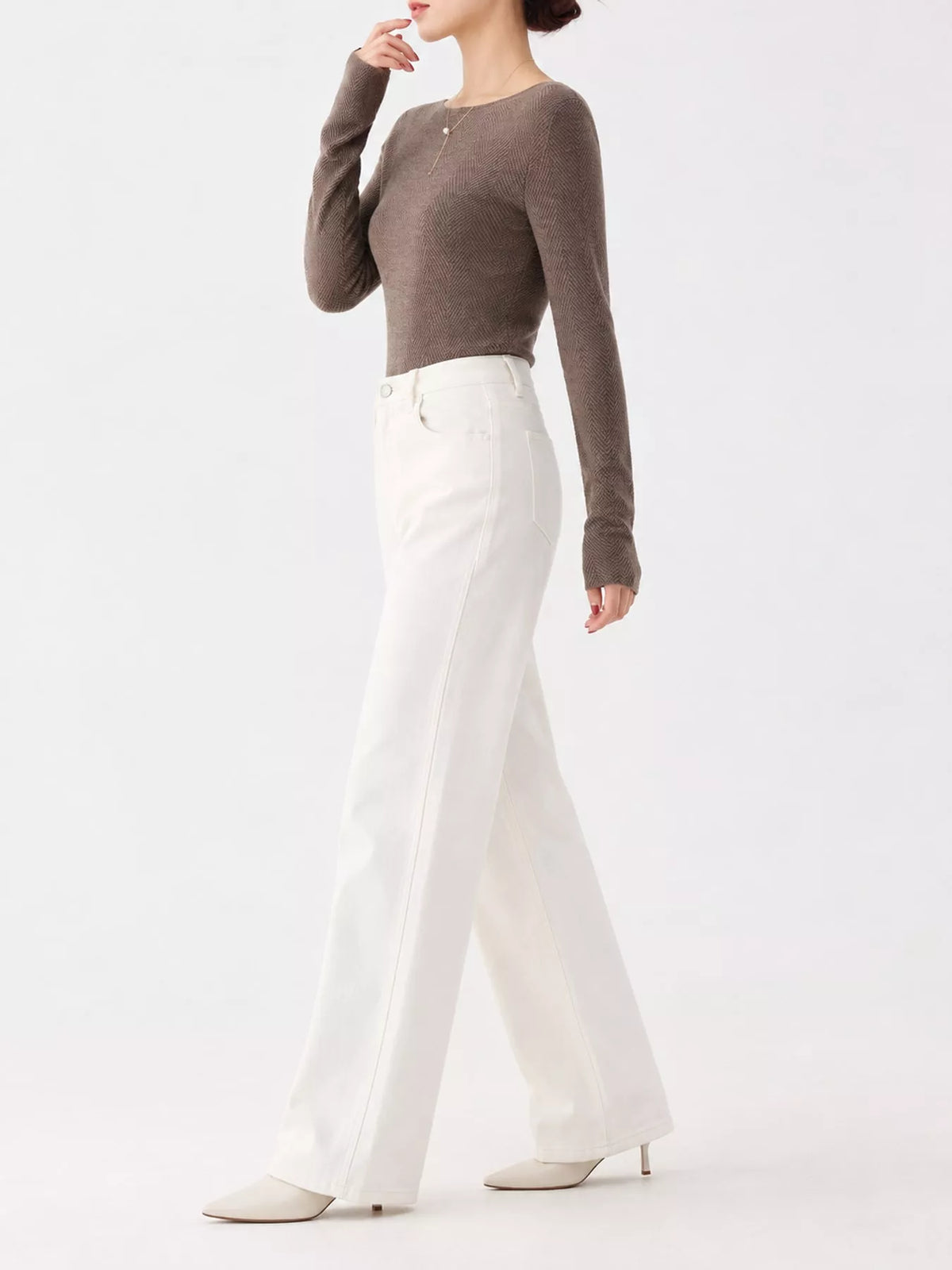Brown herringbone knit sweater, side view