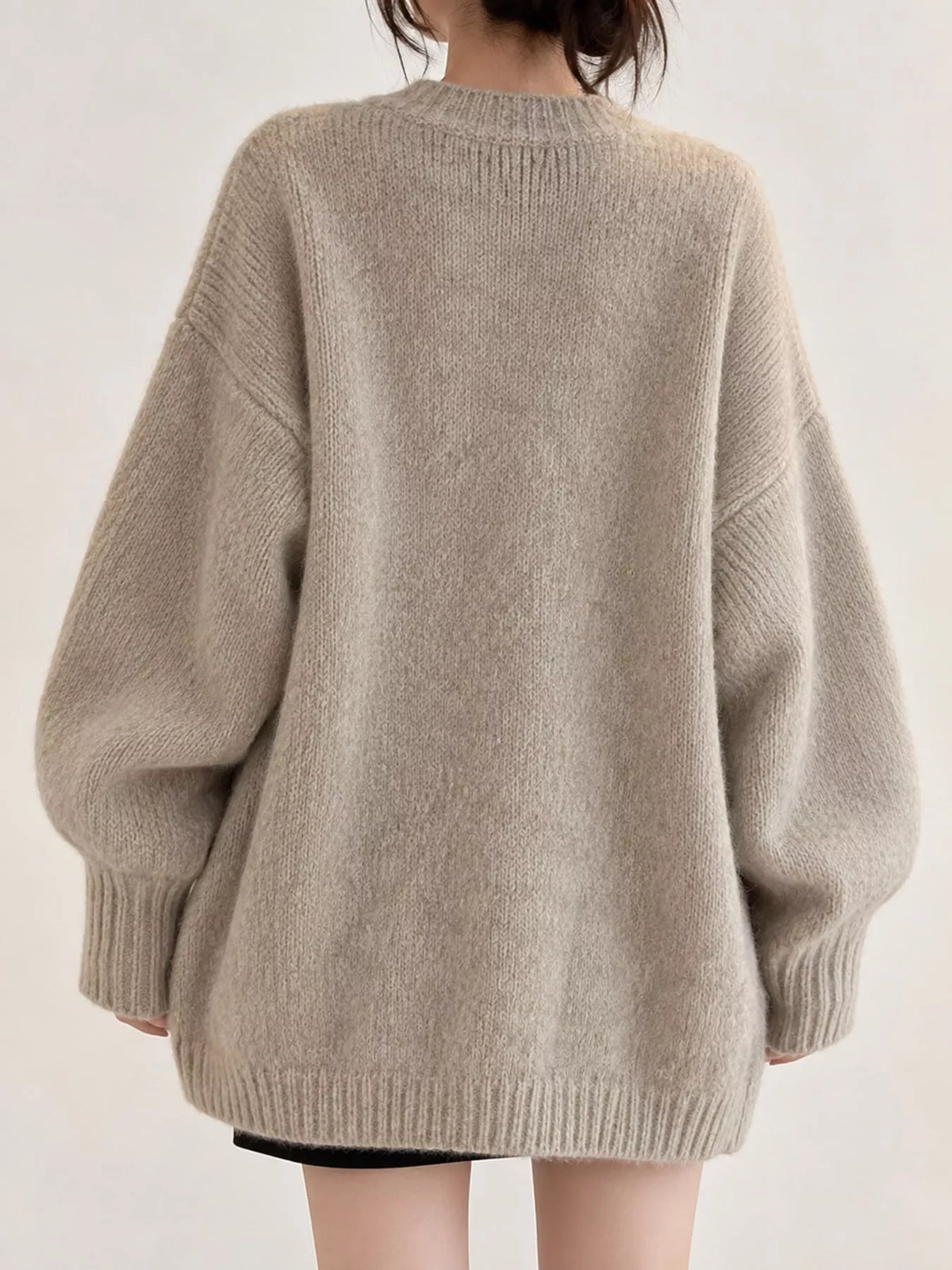 Open Front Dropped Shoulder Cardigan, back view in beige