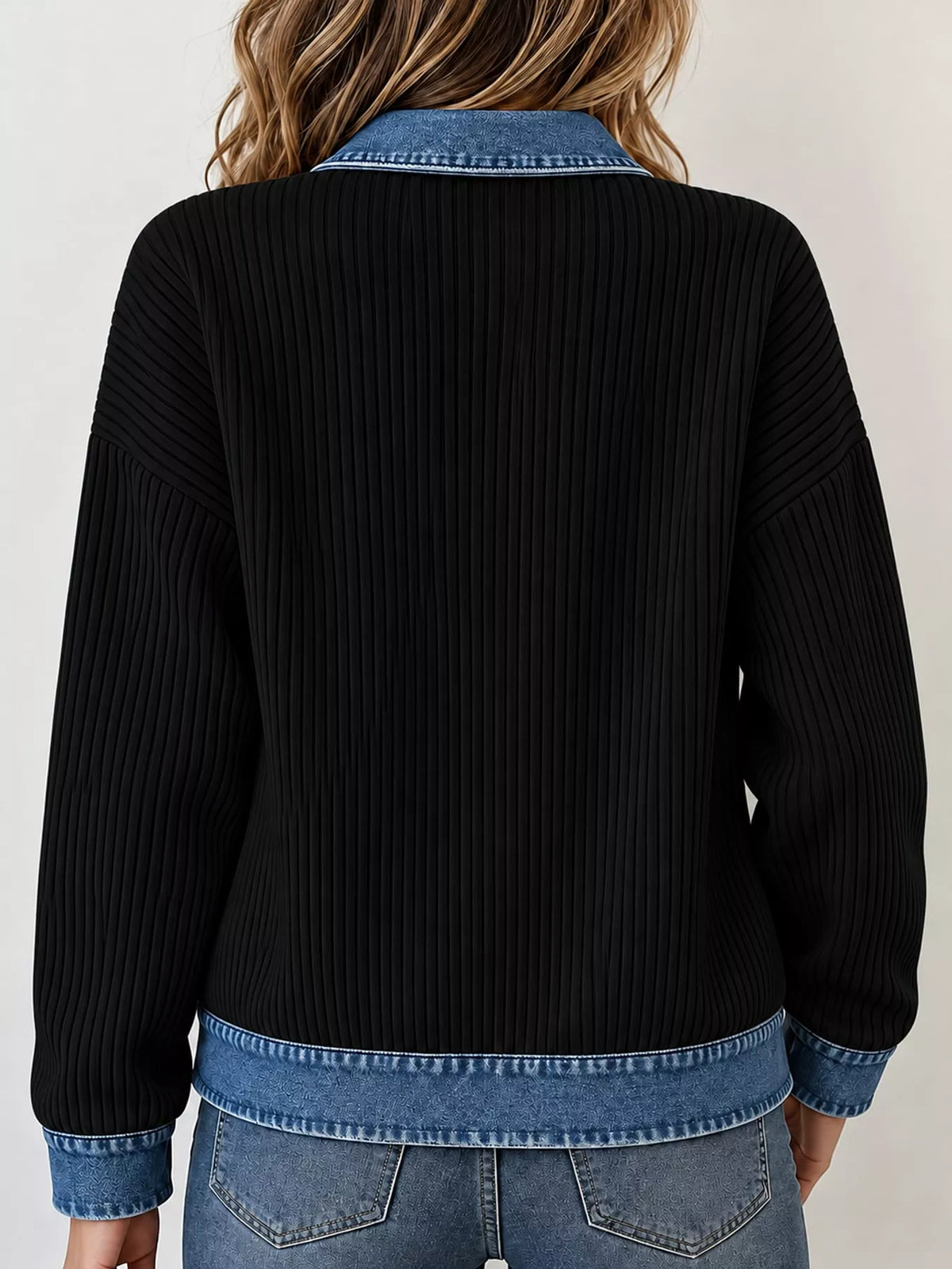 Black denim-collar ribbed knit zip-up jacket — back view