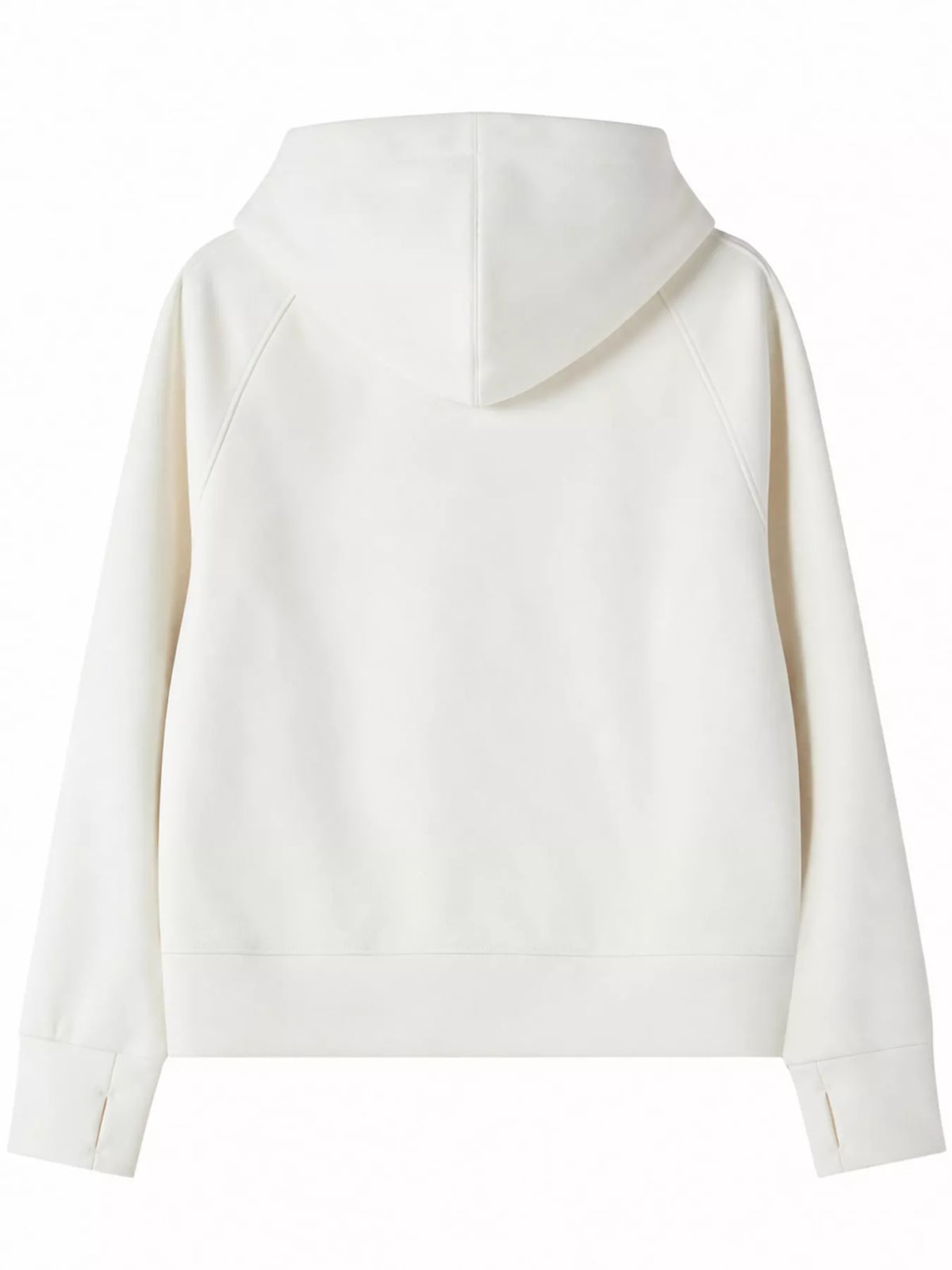 White full-zip long sleeve hoodie with pockets, back view