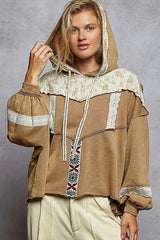 Trendsi POL Drawstring French Terry Hoodie with Gauze Print Patch -