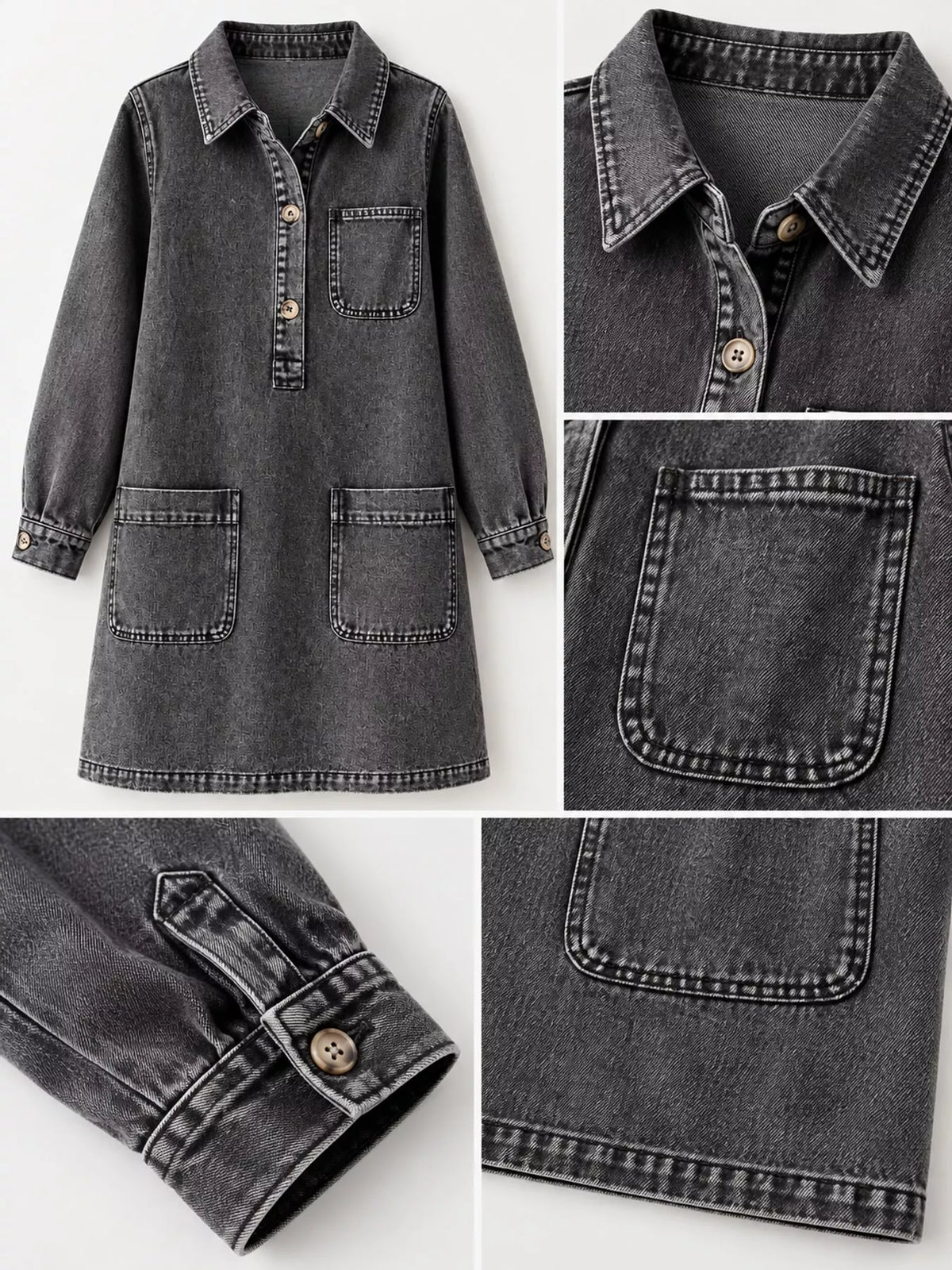 Denim shirt dress, gray collar pockets and cuffs