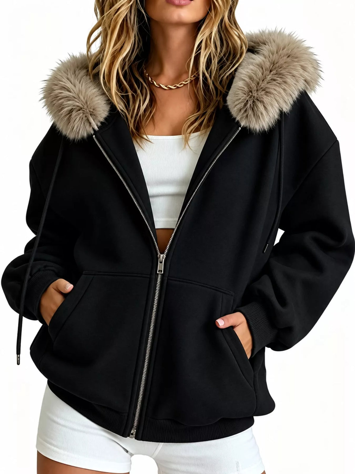 Faux Fur Hood Zip-Up Hoodie in black
