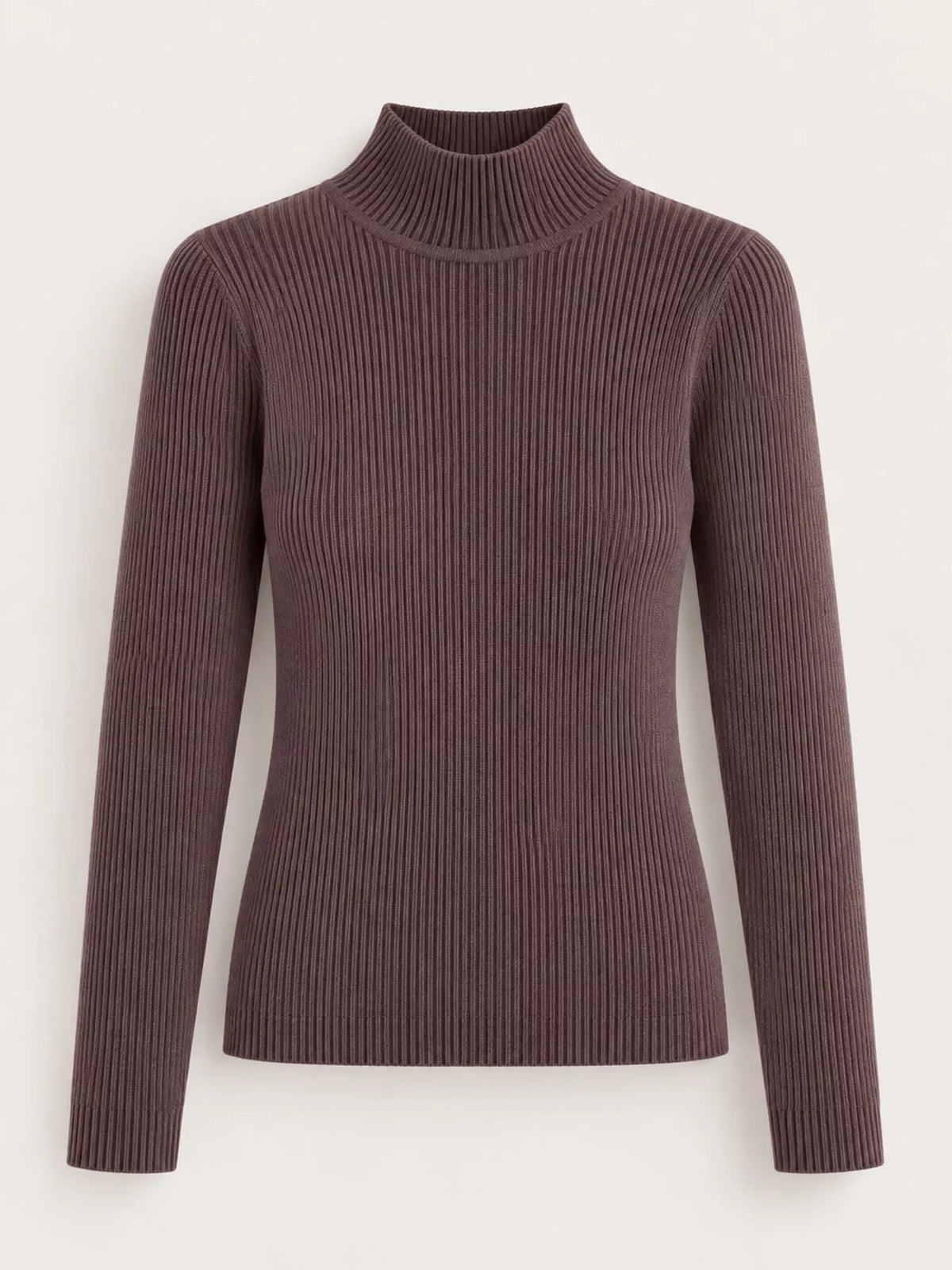 Brown ribbed mock neck long sleeve knit top