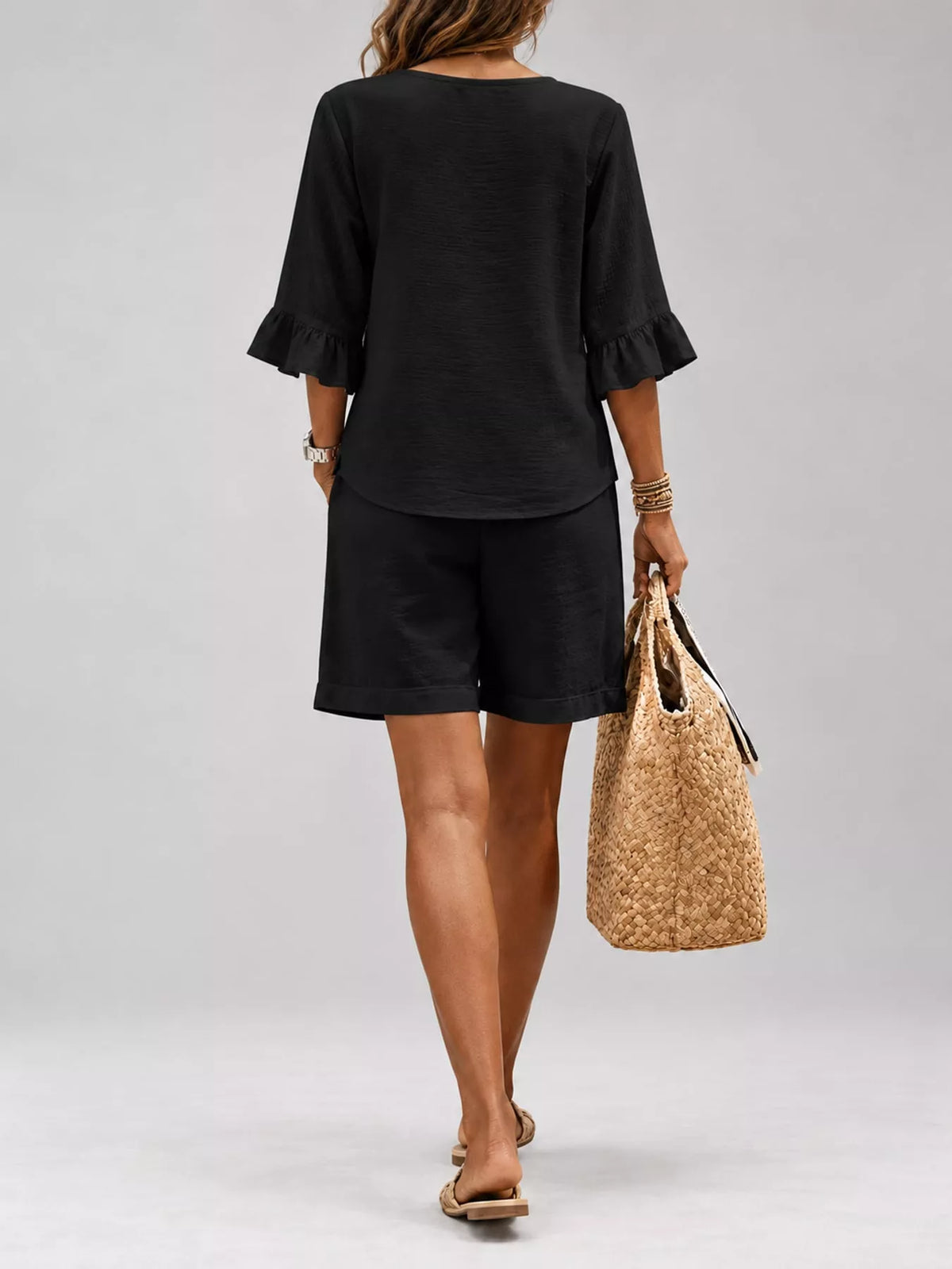 Decorative Button Blouse and Shorts Set, back view in black