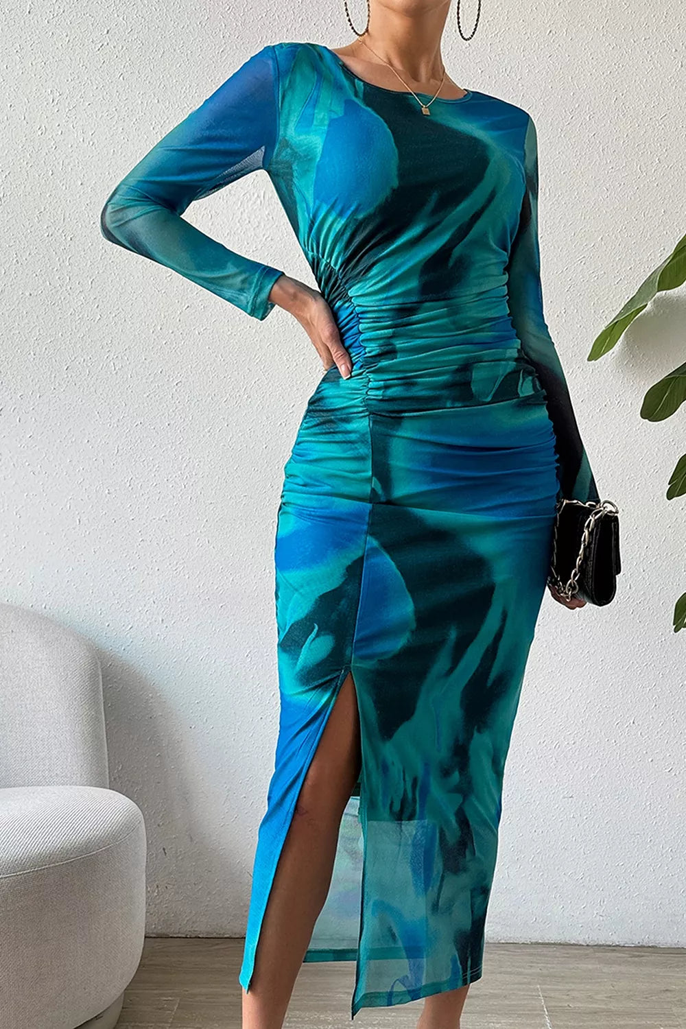 Trendsi Ruched Tie-Dye Midi Dress with High Slit -