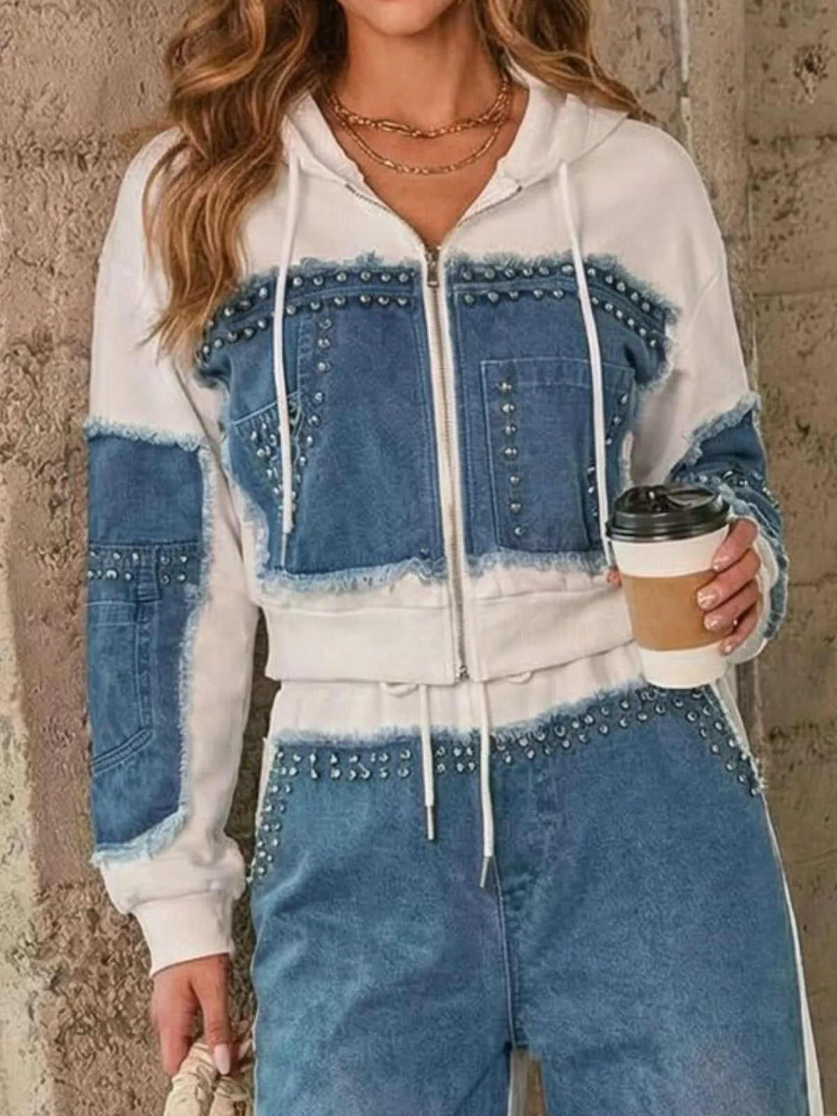 Studded denim patchwork hoodie and joggers set