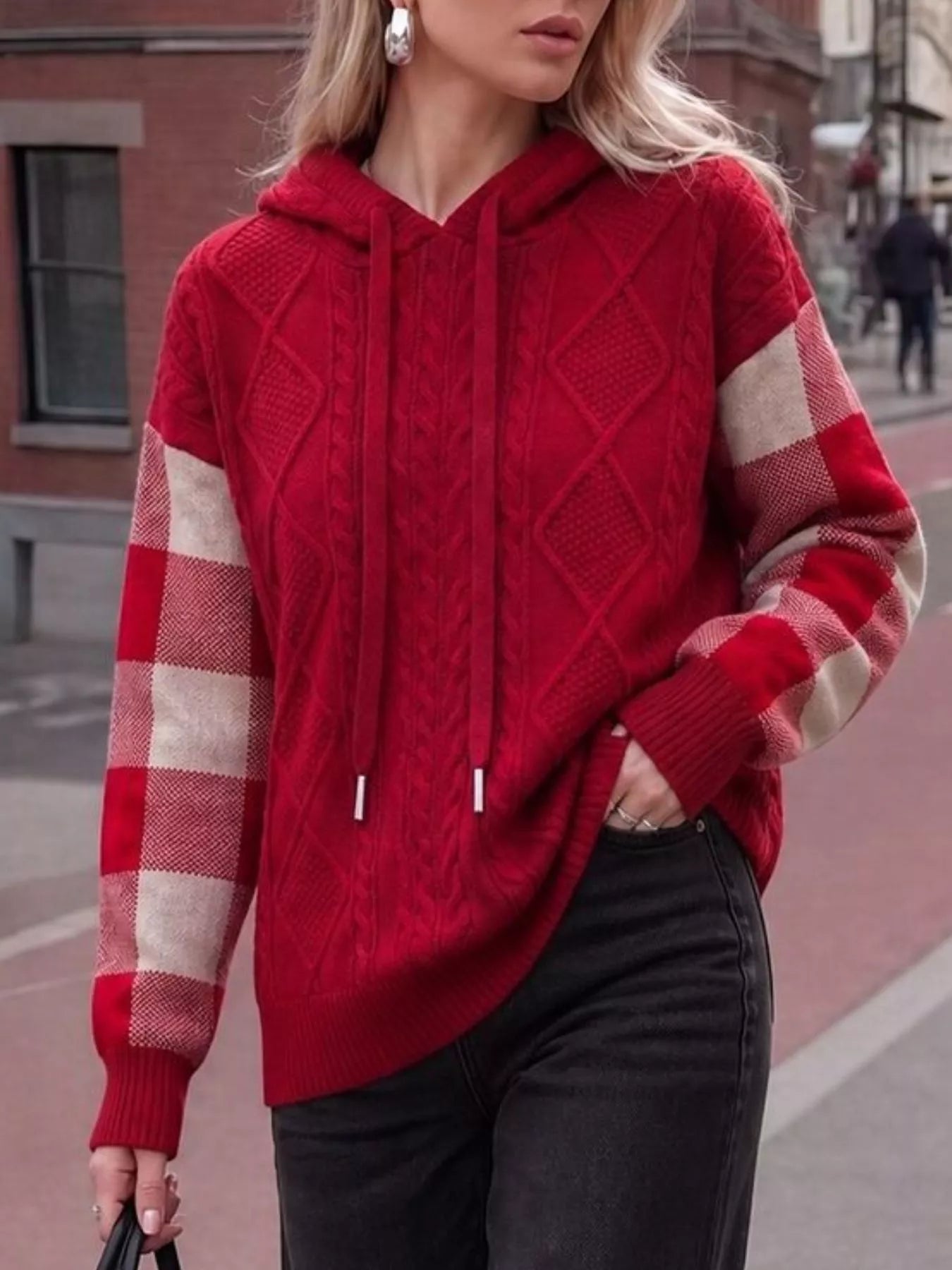 Trendsi Cable-Knit Plaid Sleeves Hooded Sweater -