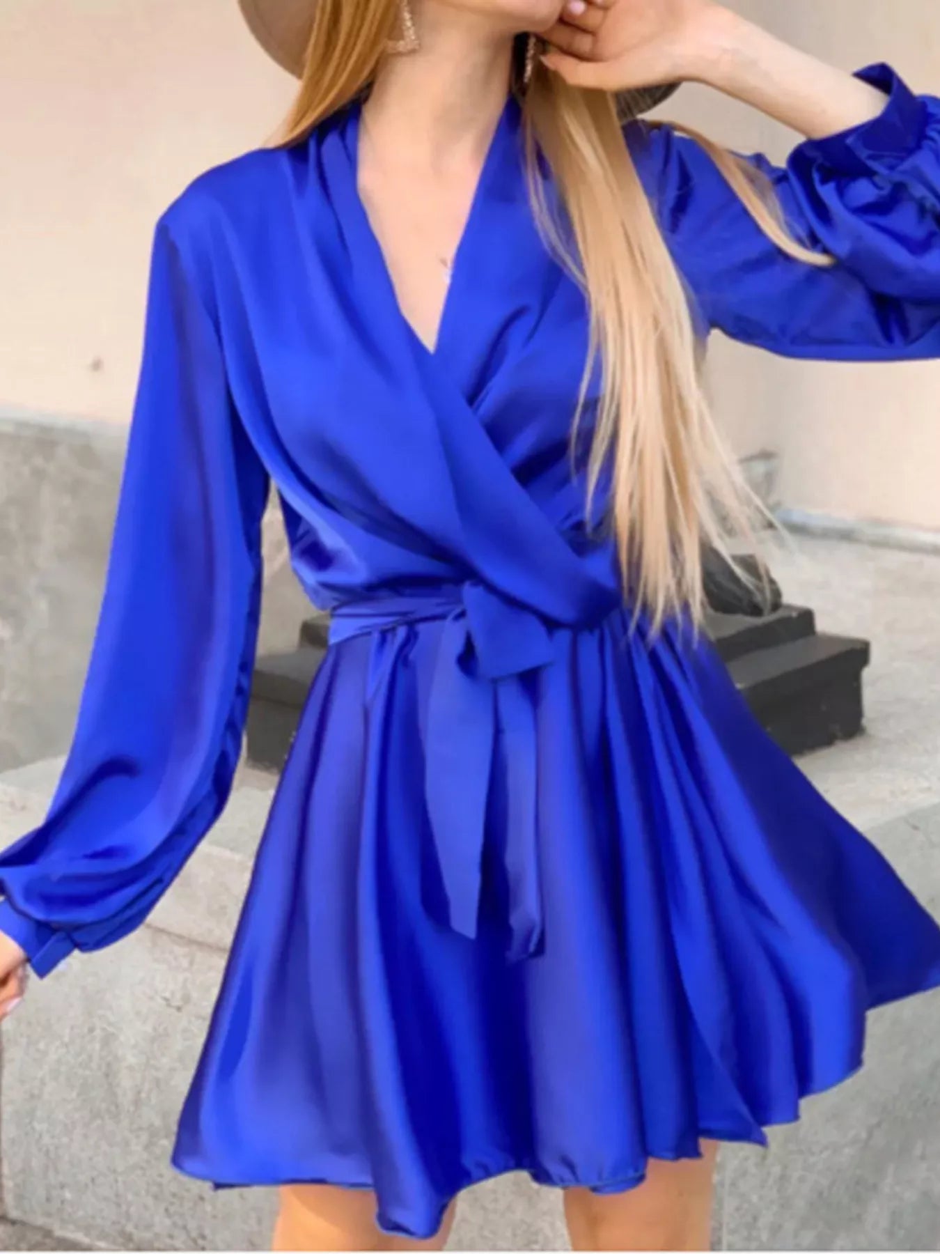 Trendsi Satin Surplice Long Sleeve Mini Dress -