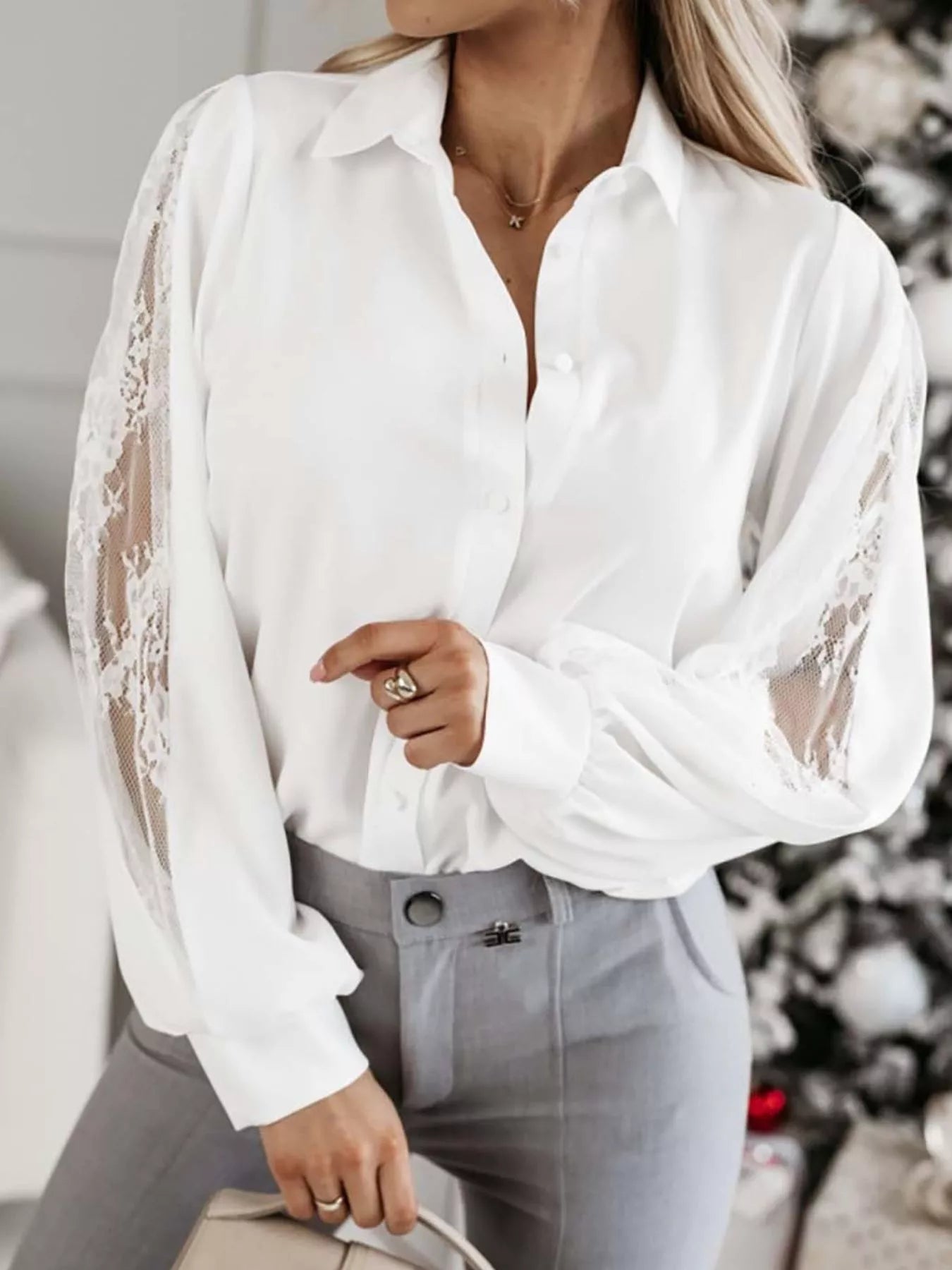 Trendsi Lace-Sleeve Button Up Shirt -