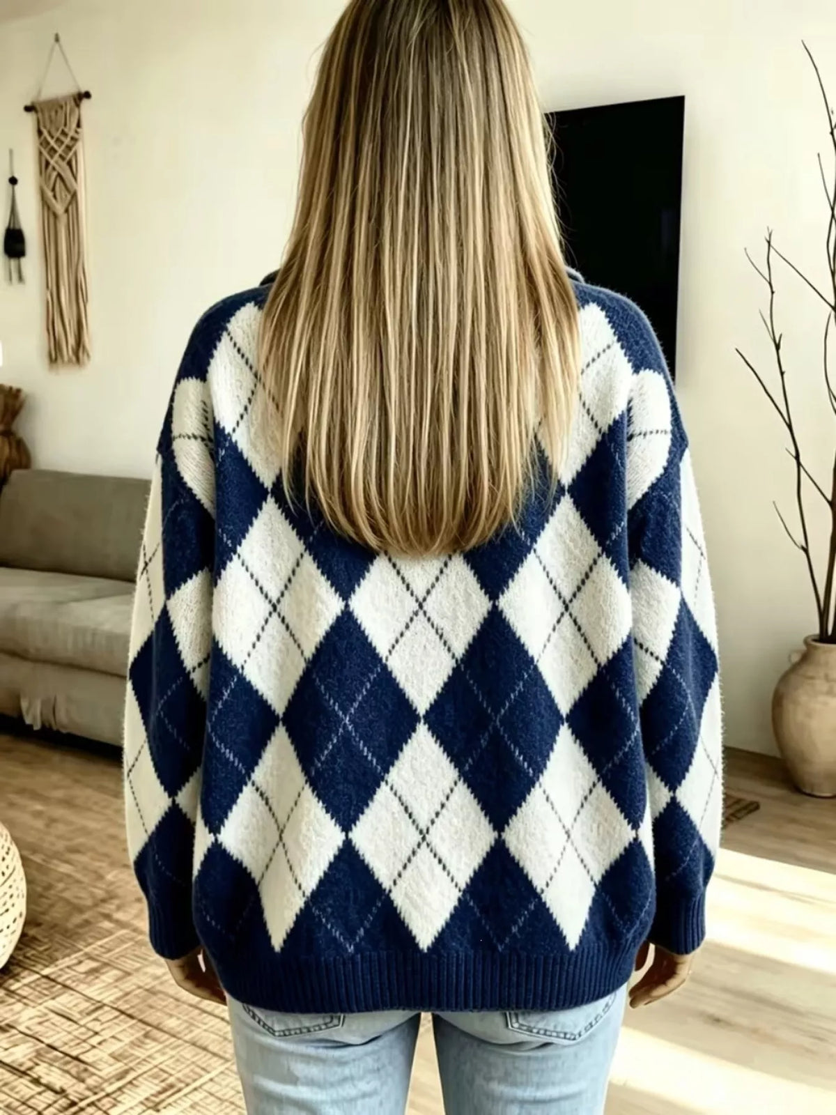 Women's Argyle Pattern Polo Collar Sweater in navy and white — back view