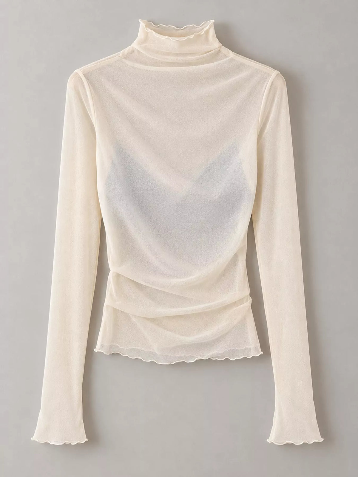 Cream sheer turtleneck mesh t-shirt