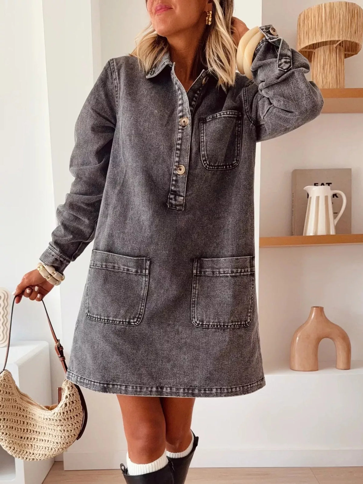 Denim shirt dress, gray denim dress front