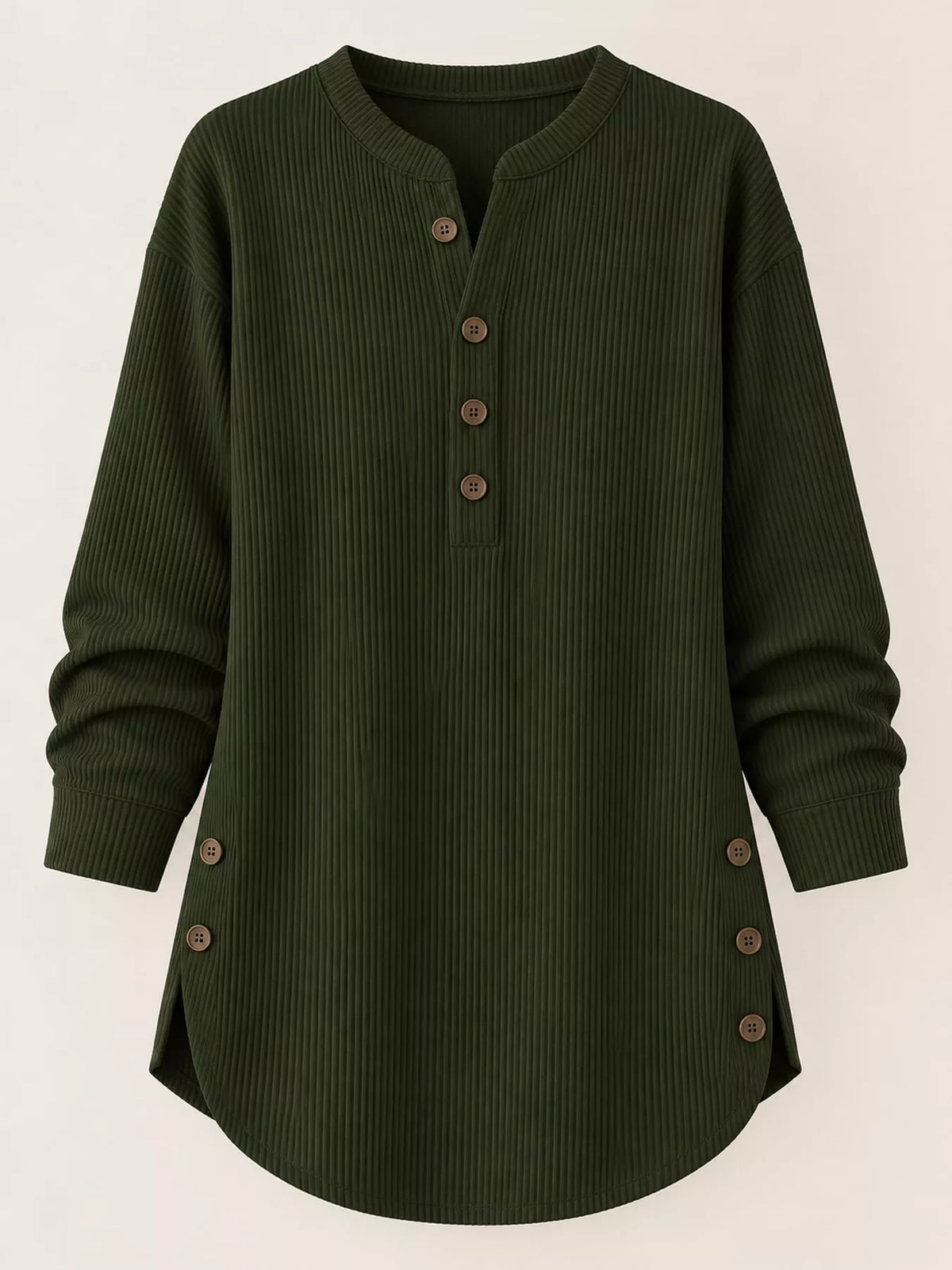 Green button detail long sleeve top, front view