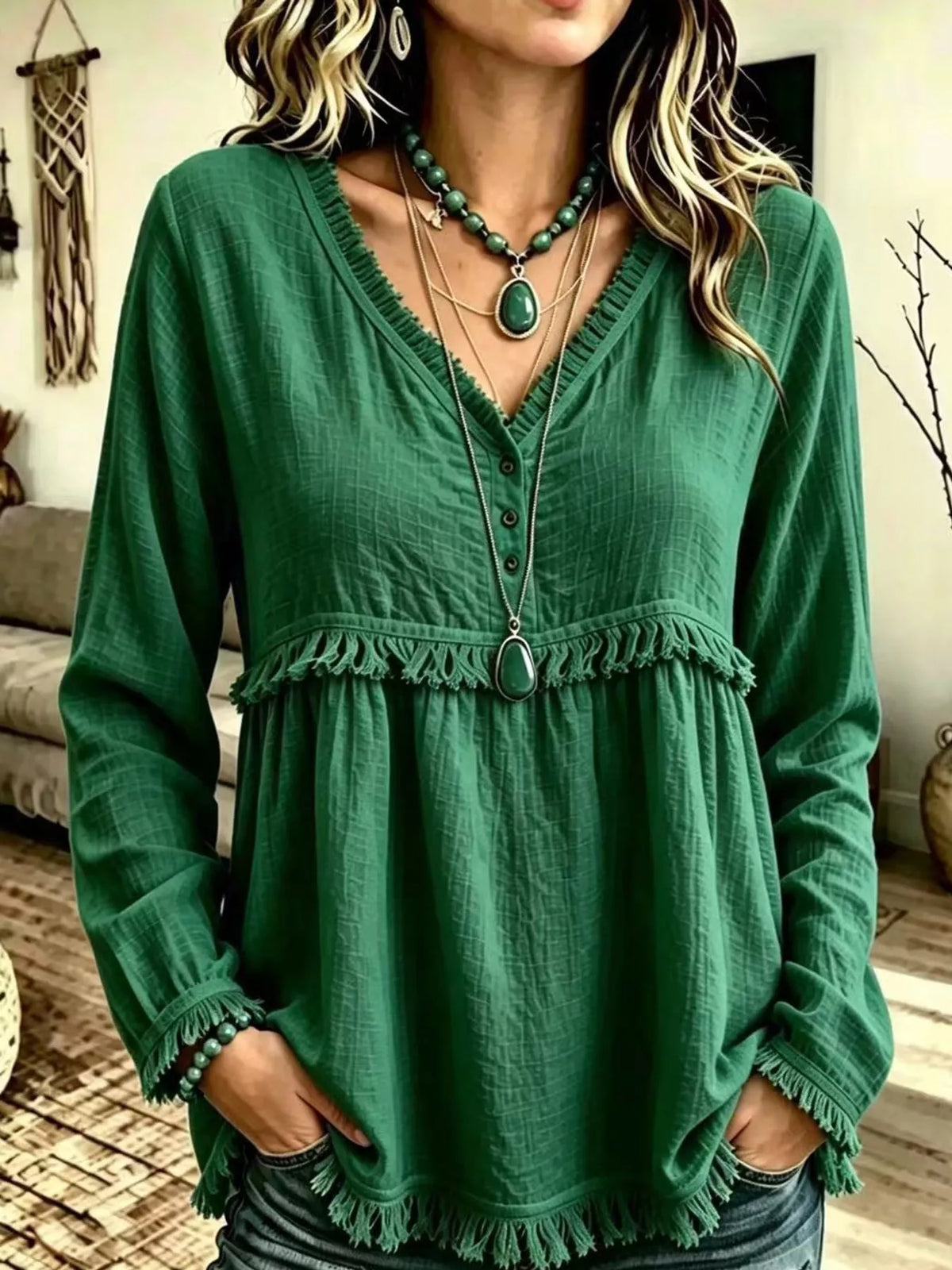 Fringe-trim blouse, green front