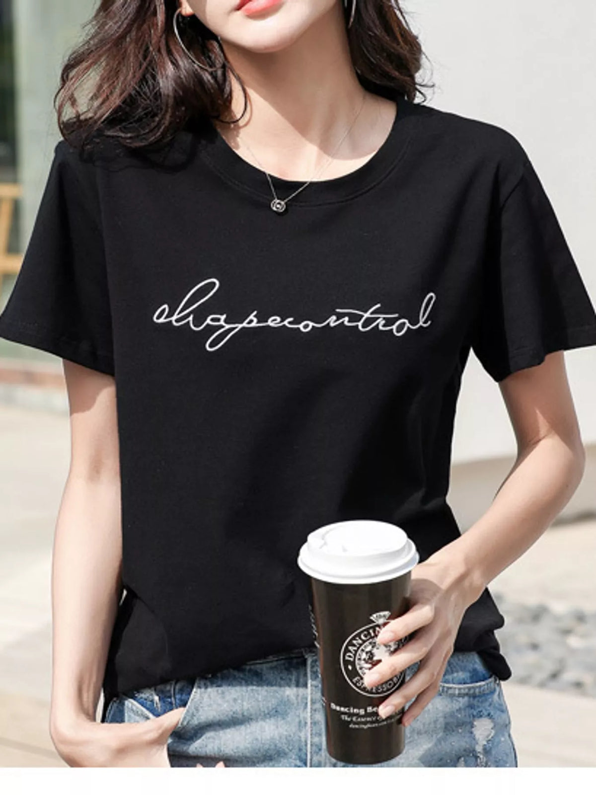 Black letter embroidered round neck t-shirt