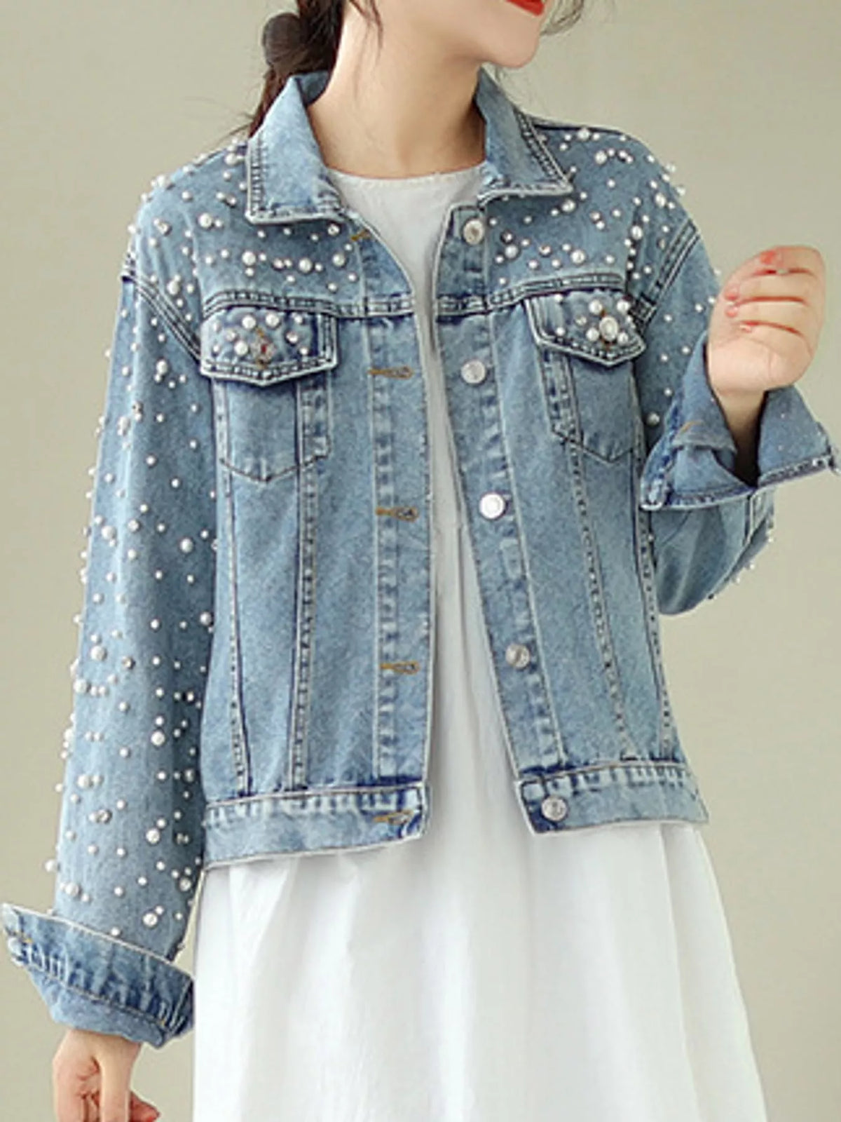 Women's Pearl Detail Button Up Denim Jacket in blue — front view