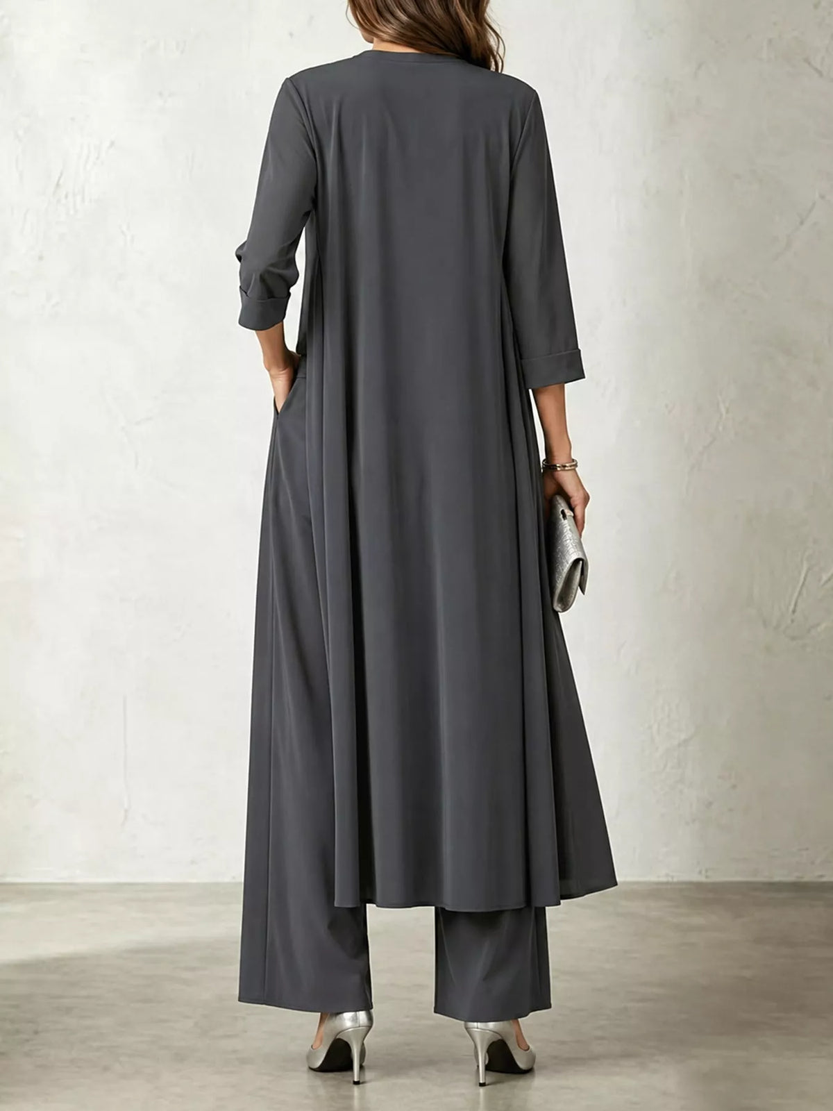 Gray cowl neck top, cardigan and pants set, back view