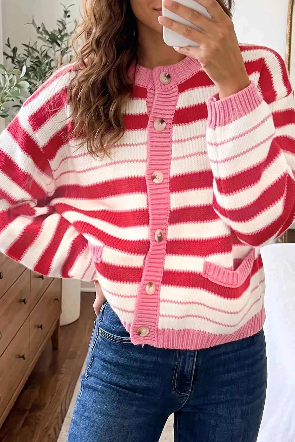 Trendsi Stripe V Neck Long Sleeve Regular Fit Cardigan -