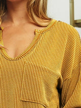 Trendsi BiBi Wavy Two Tone Rib Notch Neck Patch Pocket Top -
