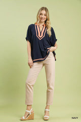 Trendsi Umgee Linen Contrast Trim V-Neck Blouse -