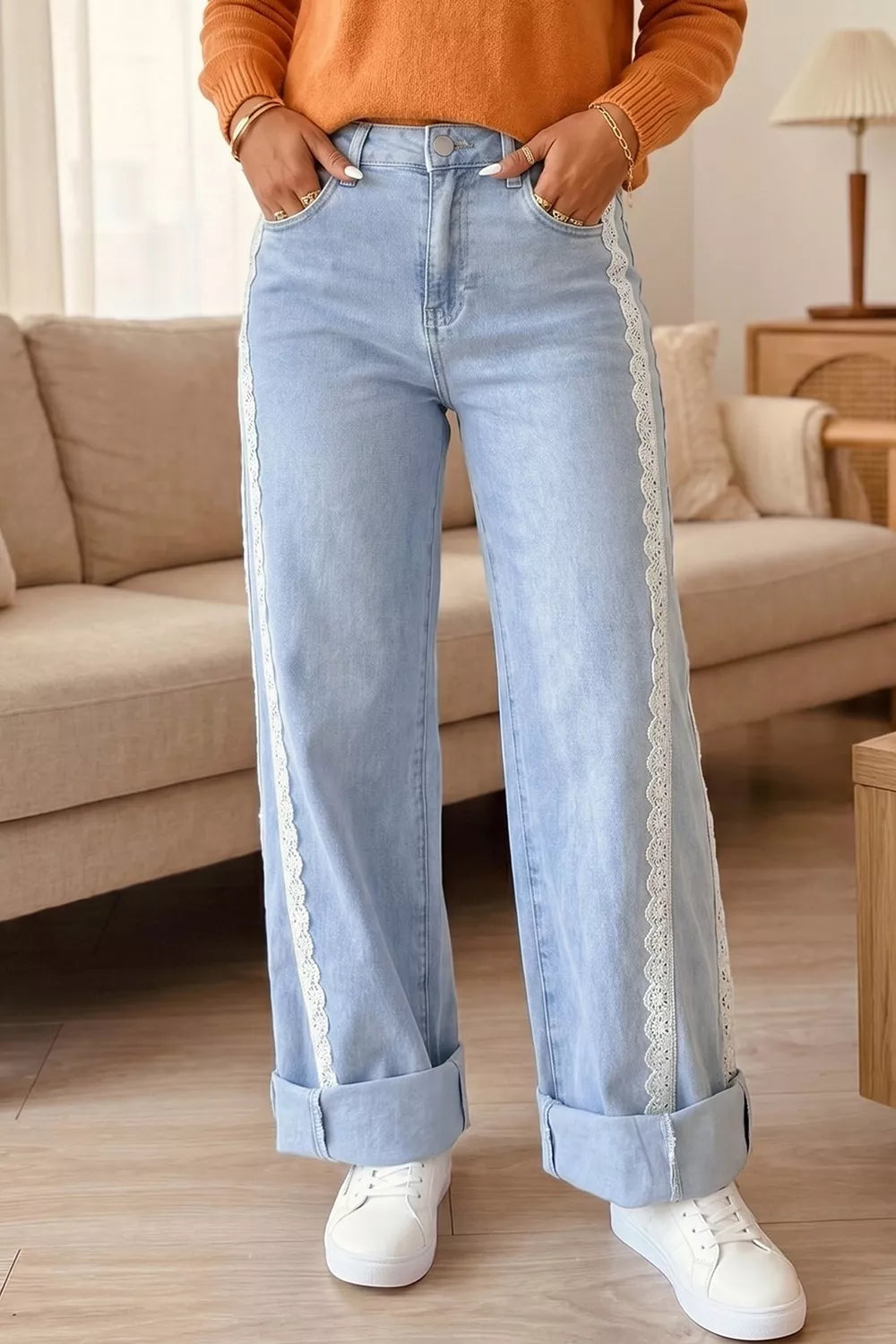 Trendsi Light Wash Lace Trim Wide Leg Jeans -