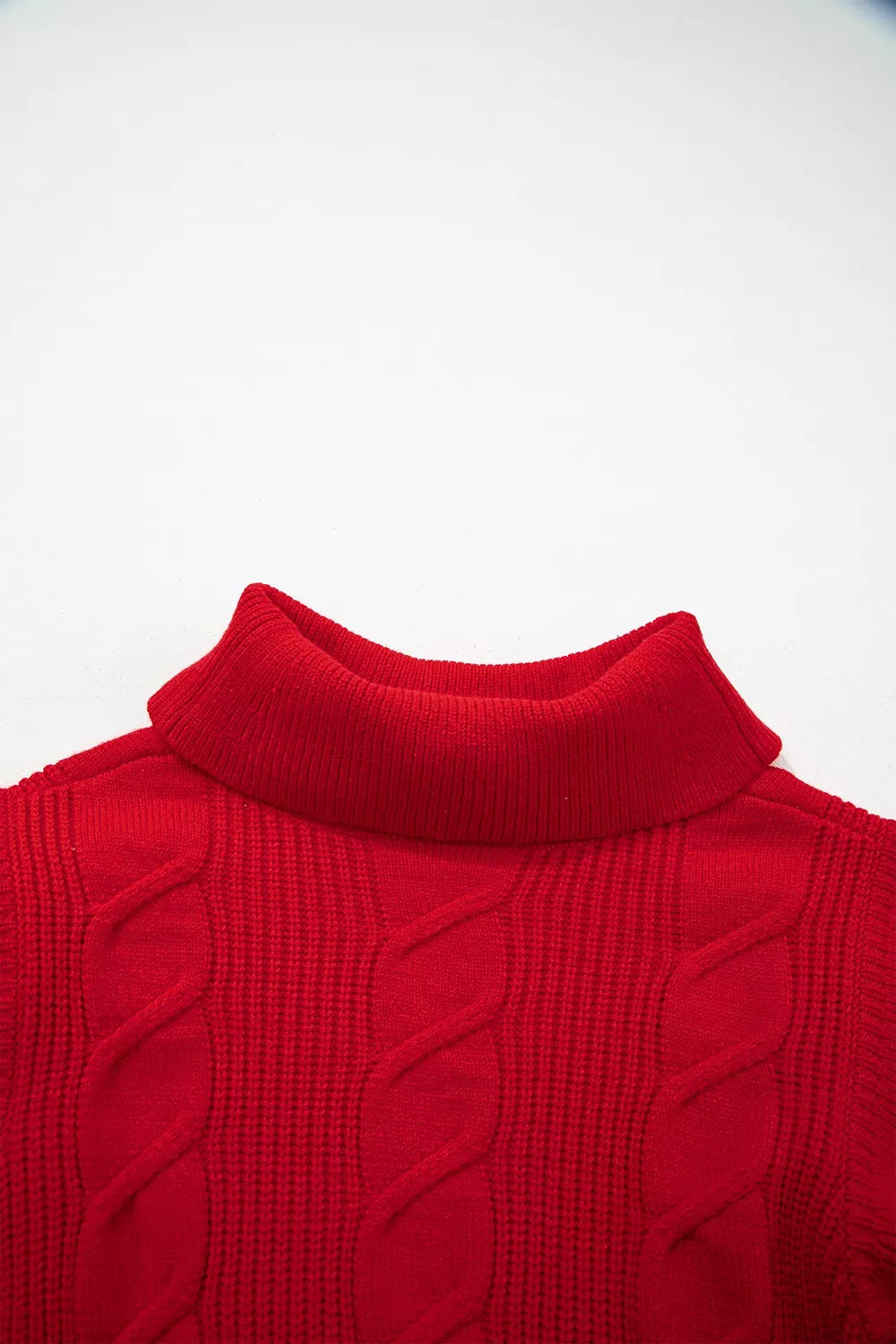 Trendsi Cable Knit Turtleneck Ruffled Short Sleeve Sweater -
